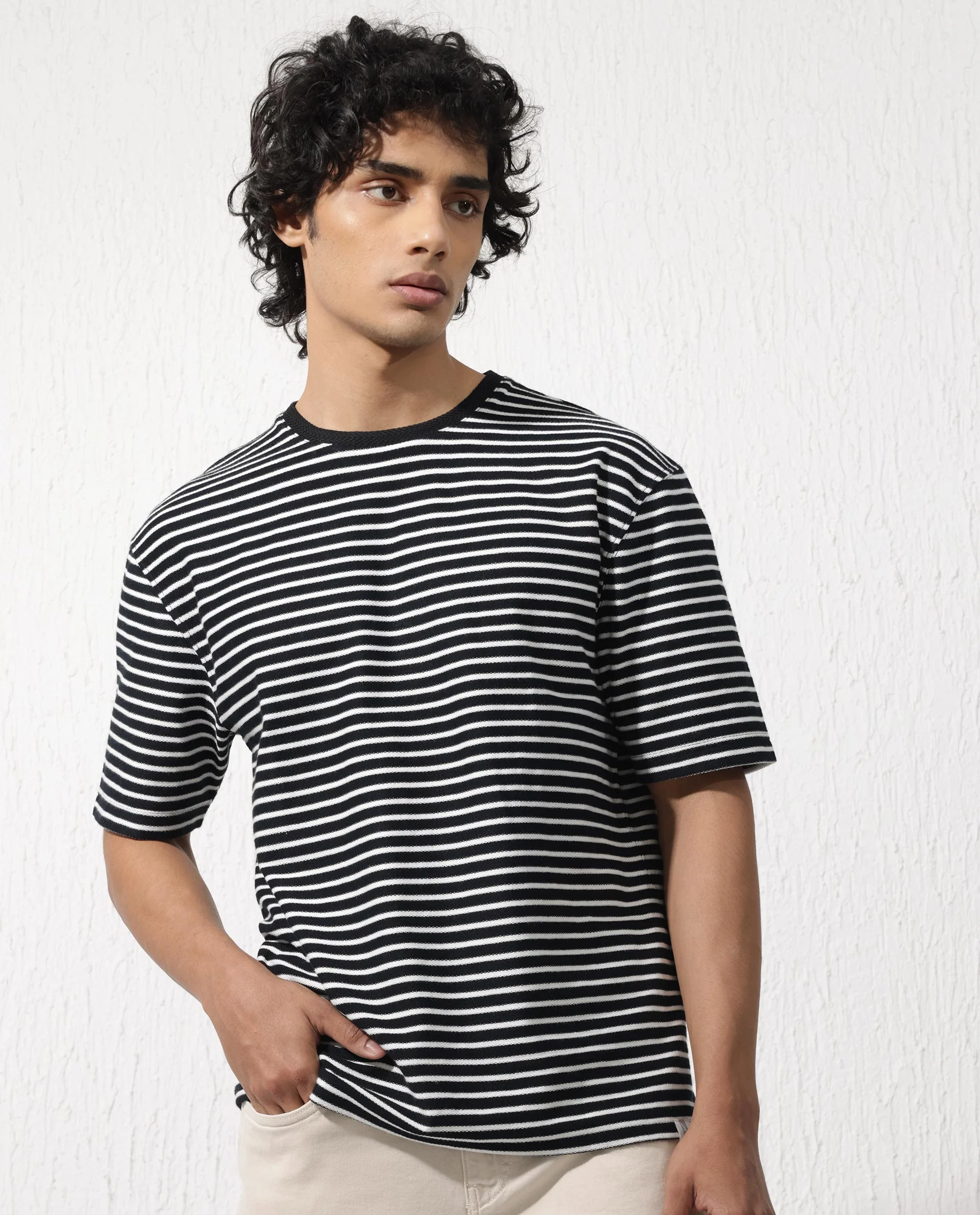 Rare Rabbit Men's Paskot Navy Cotton Striped Print Oversized Fit Half Sleeve Crew Neck T-Shirt - Image 8