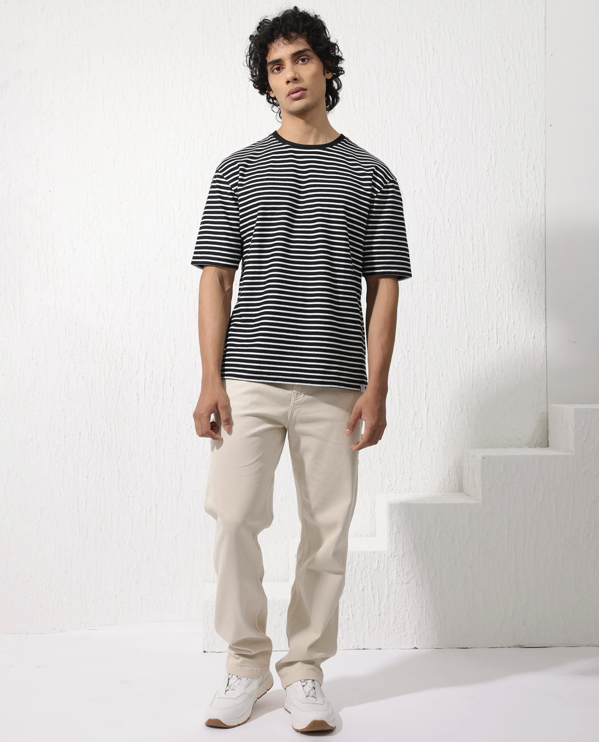 Rare Rabbit Men's Paskot Navy Cotton Striped Print Oversized Fit Half Sleeve Crew Neck T-Shirt - Image 9