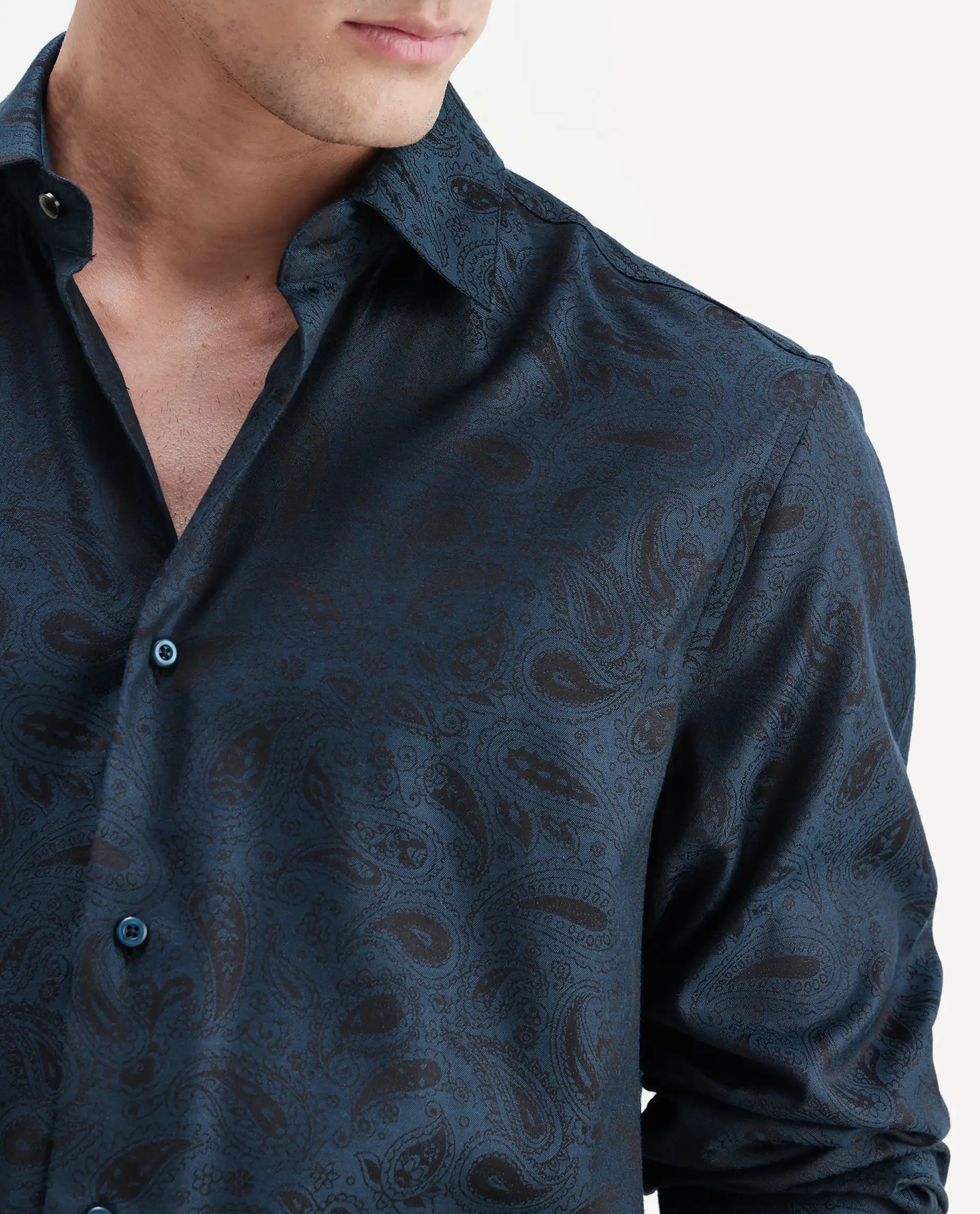 Rare Rabbit Men's Paso Blue Polyester Blend Fabric Spread Collar Regular Fit Paisley Print Shirt - Image 3