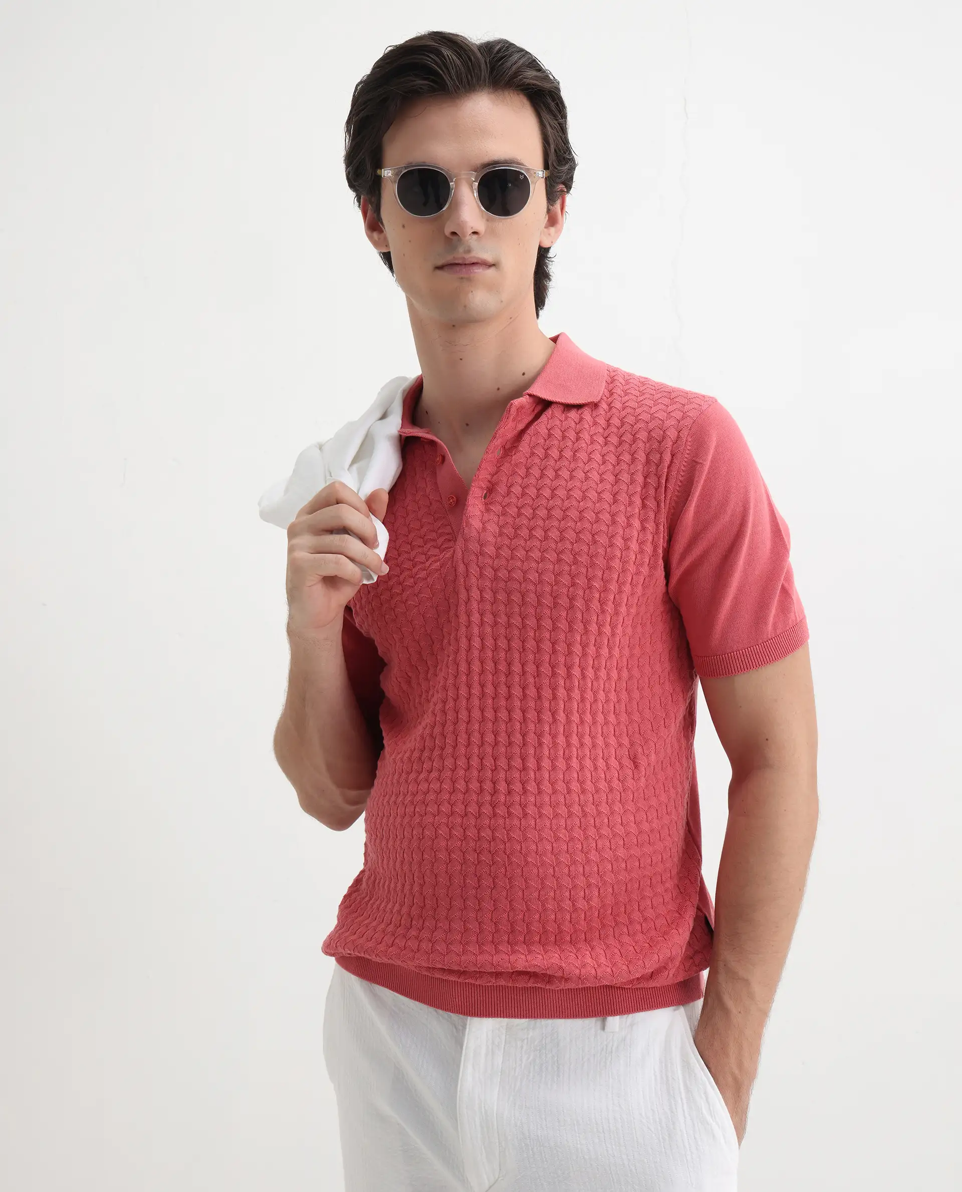 Rare Rabbit Men's Pasto Dark Peach Cotton Plain Regular Fit Half Sleeve Polo
