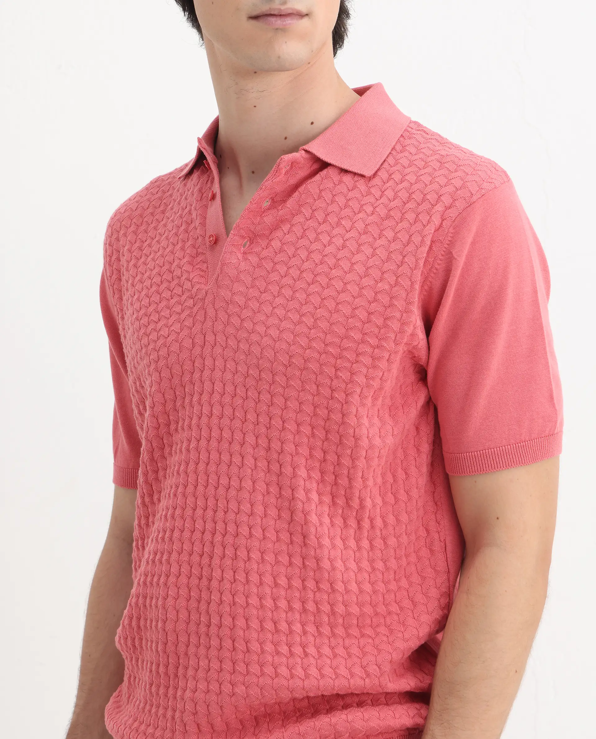 Rare Rabbit Men's Pasto Dark Peach Cotton Plain Regular Fit Half Sleeve Polo - Image 3