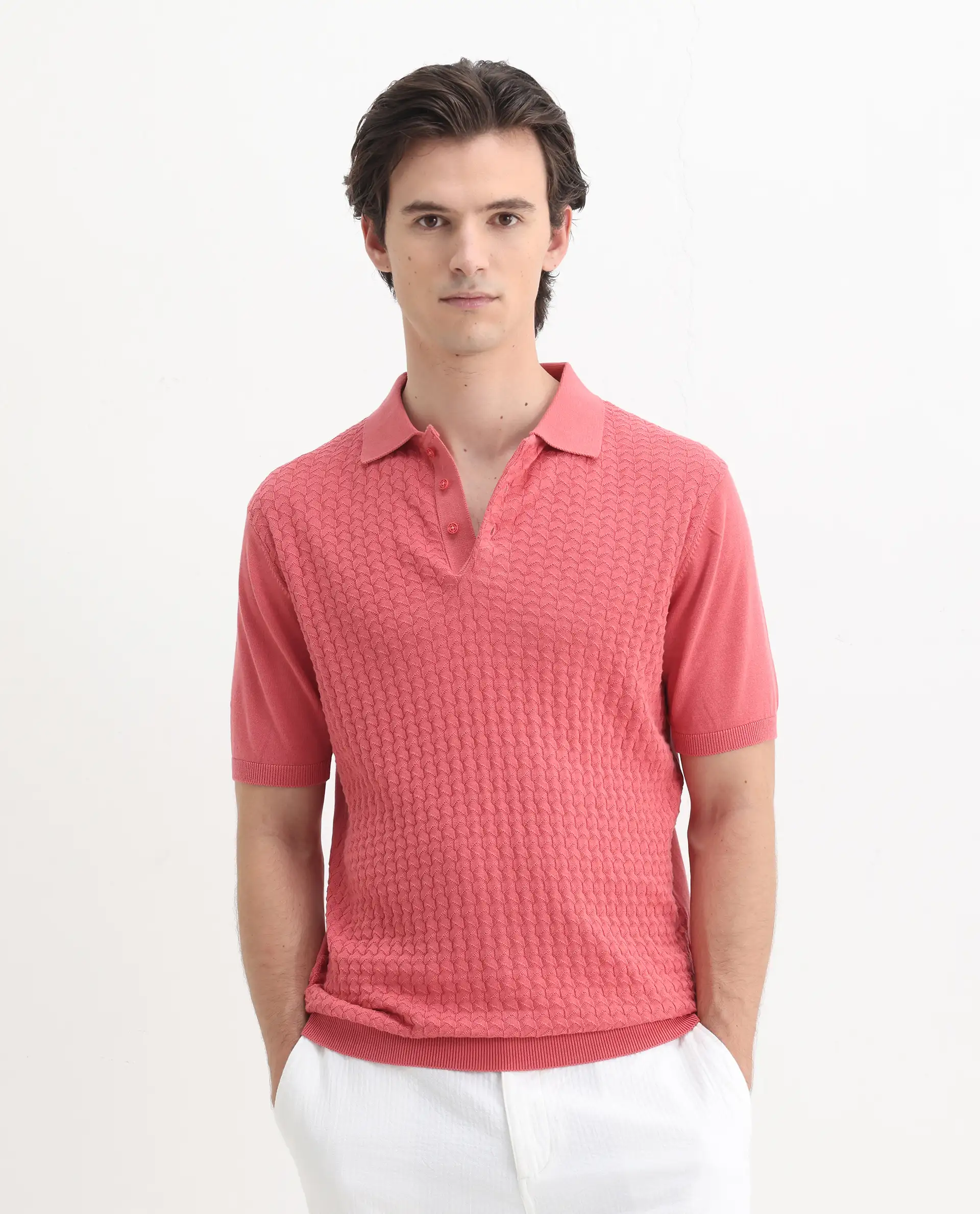 Rare Rabbit Men's Pasto Dark Peach Cotton Plain Regular Fit Half Sleeve Polo - Image 4