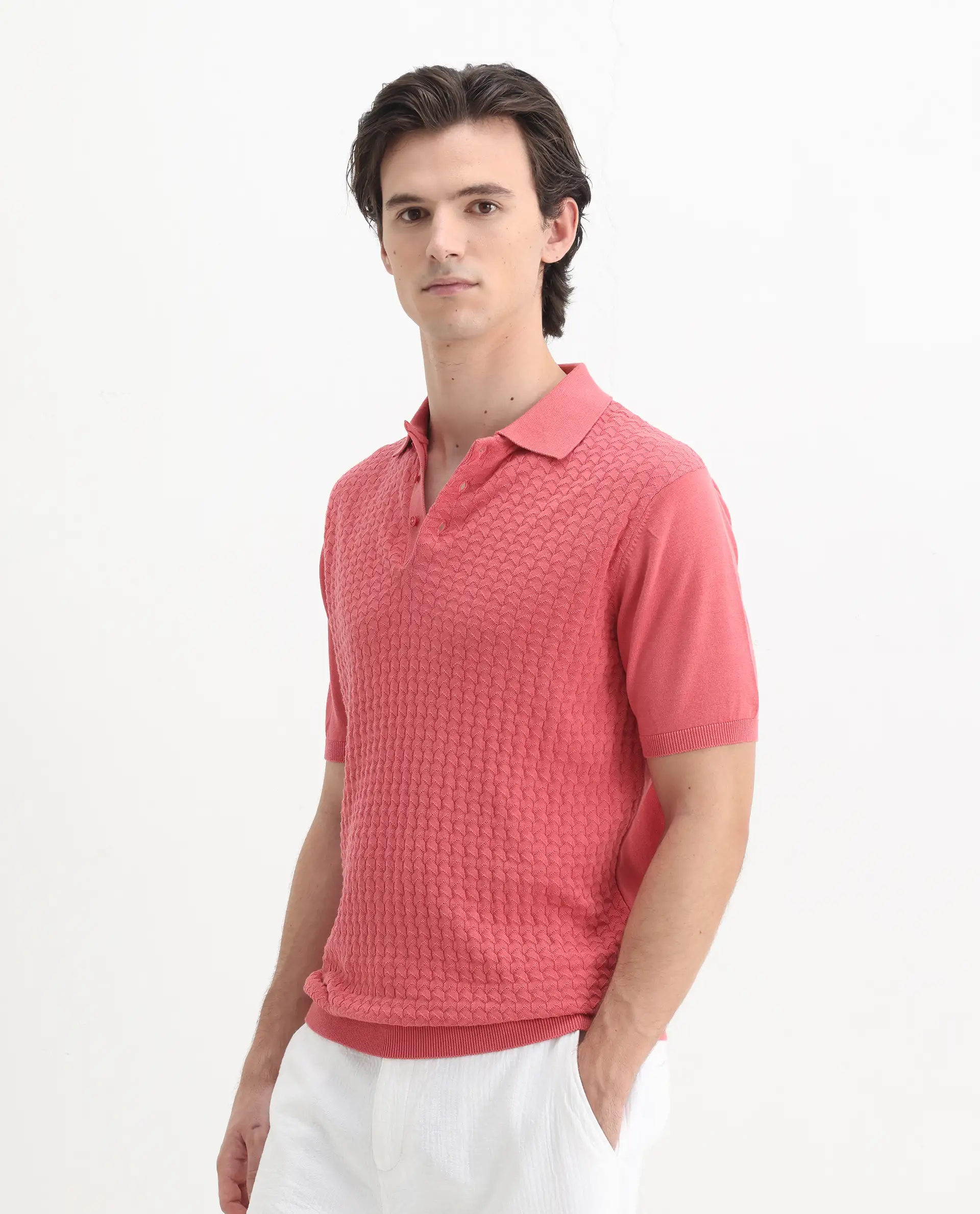 Rare Rabbit Men's Pasto Dark Peach Cotton Plain Regular Fit Half Sleeve Polo - Image 5