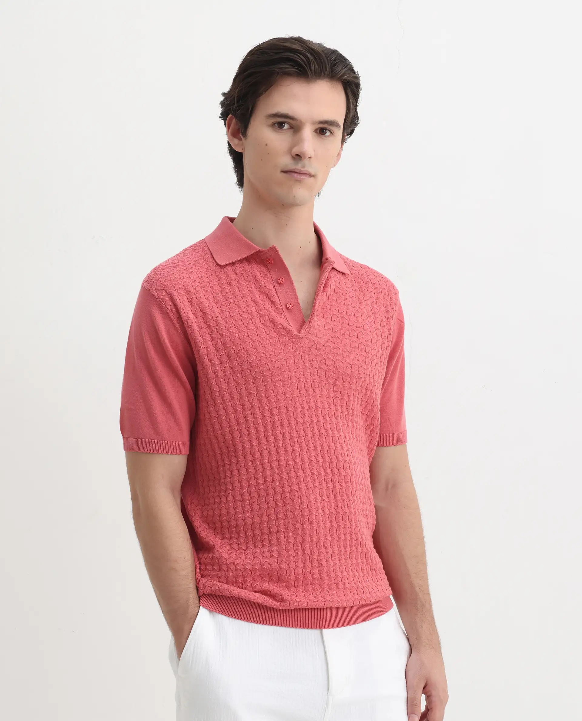 Rare Rabbit Men's Pasto Dark Peach Cotton Plain Regular Fit Half Sleeve Polo - Image 6