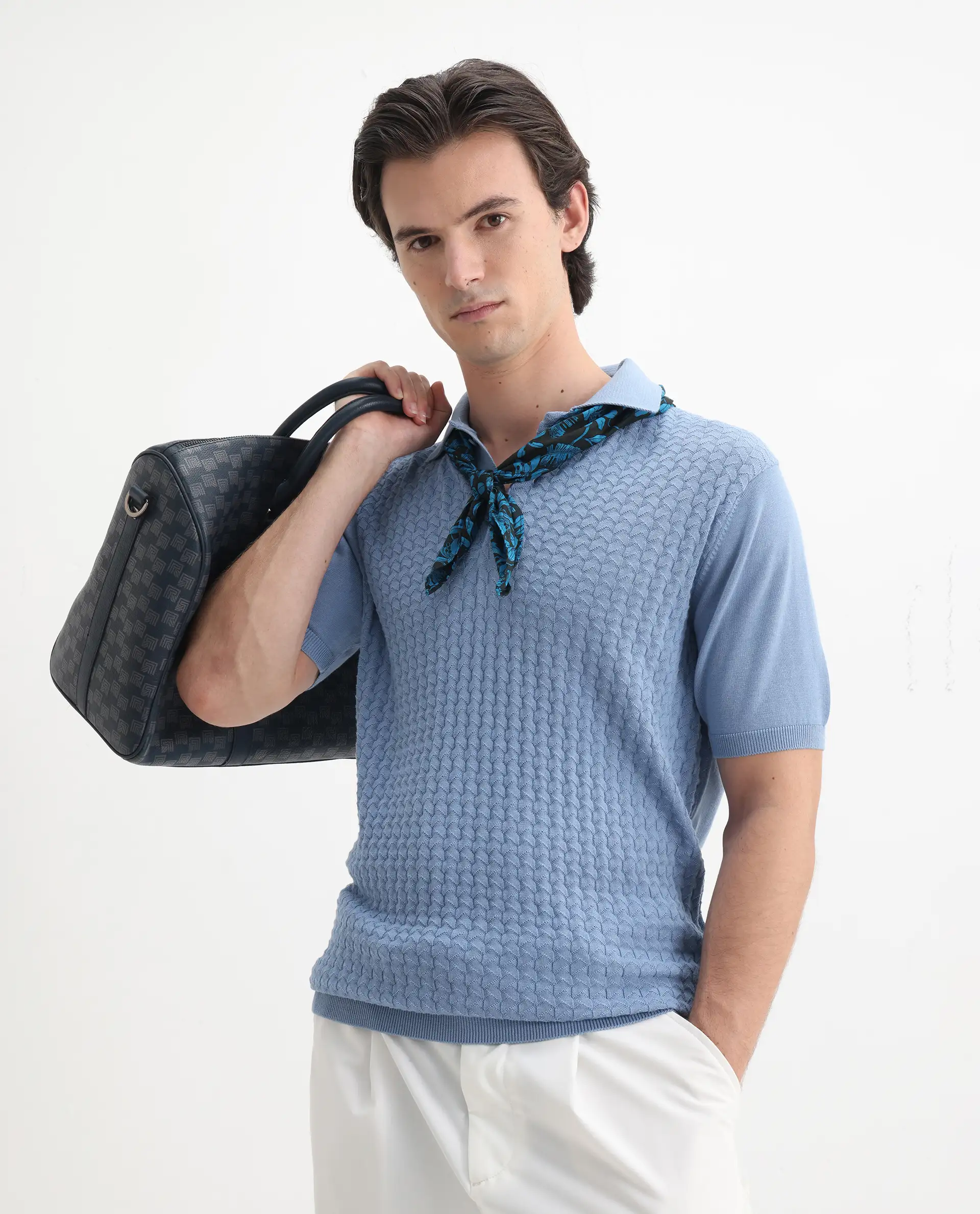 Rare Rabbit Men's Pasto Dusky Blue Cotton Textured Regular Fit Half Sleeve Polo