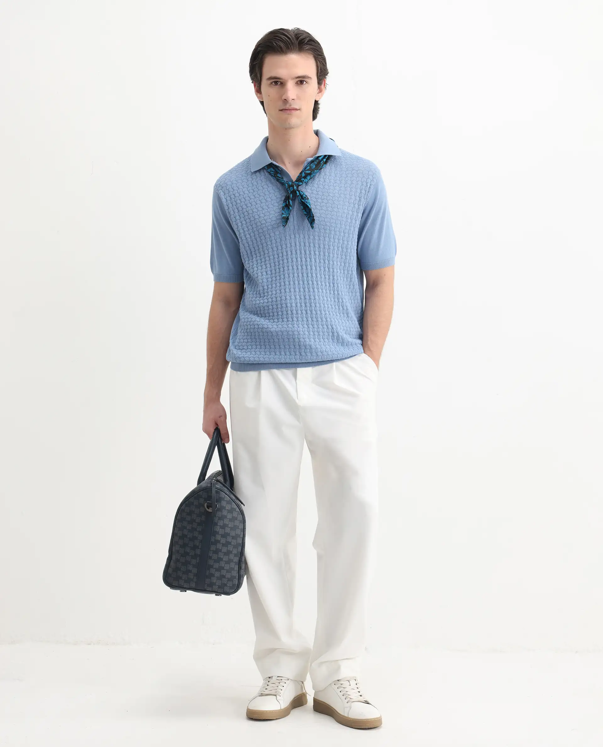 Rare Rabbit Men's Pasto Dusky Blue Cotton Textured Regular Fit Half Sleeve Polo - Image 2