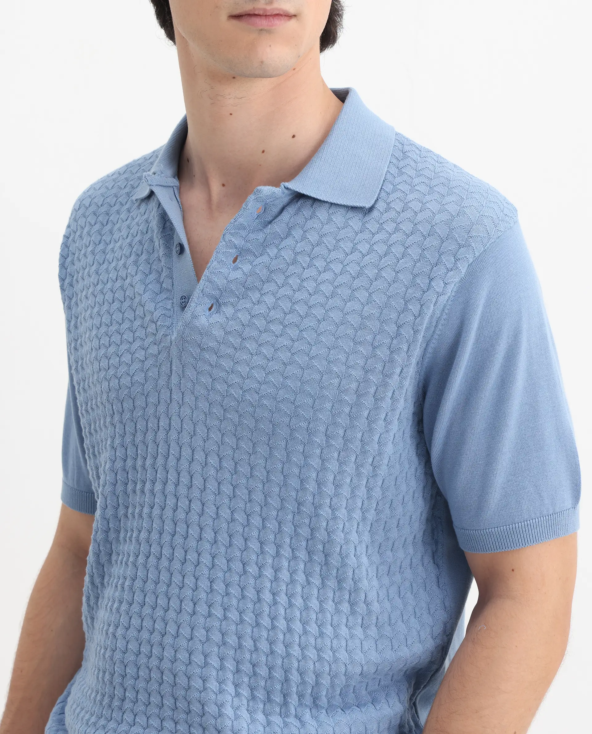 Rare Rabbit Men's Pasto Dusky Blue Cotton Textured Regular Fit Half Sleeve Polo - Image 3