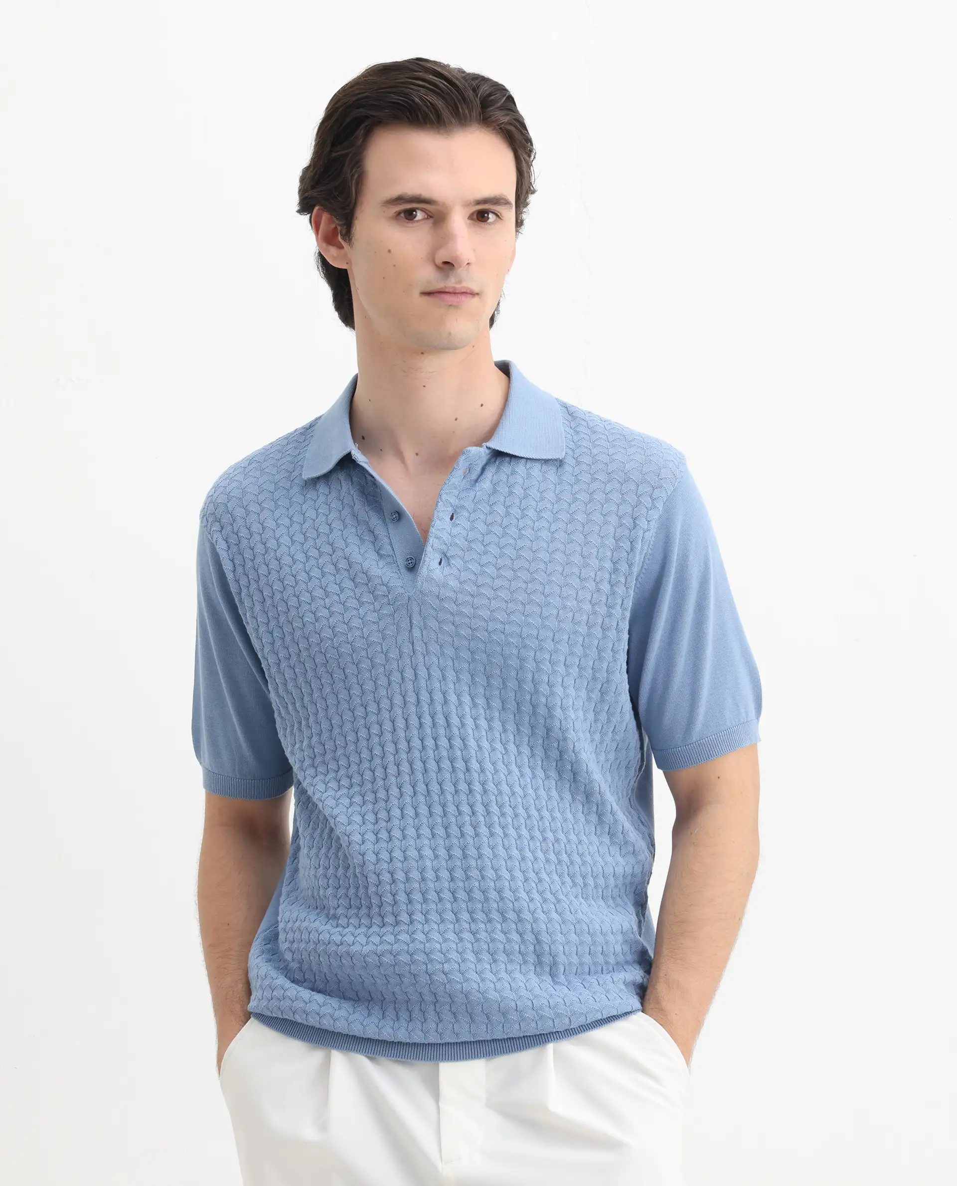 Rare Rabbit Men's Pasto Dusky Blue Cotton Textured Regular Fit Half Sleeve Polo - Image 4