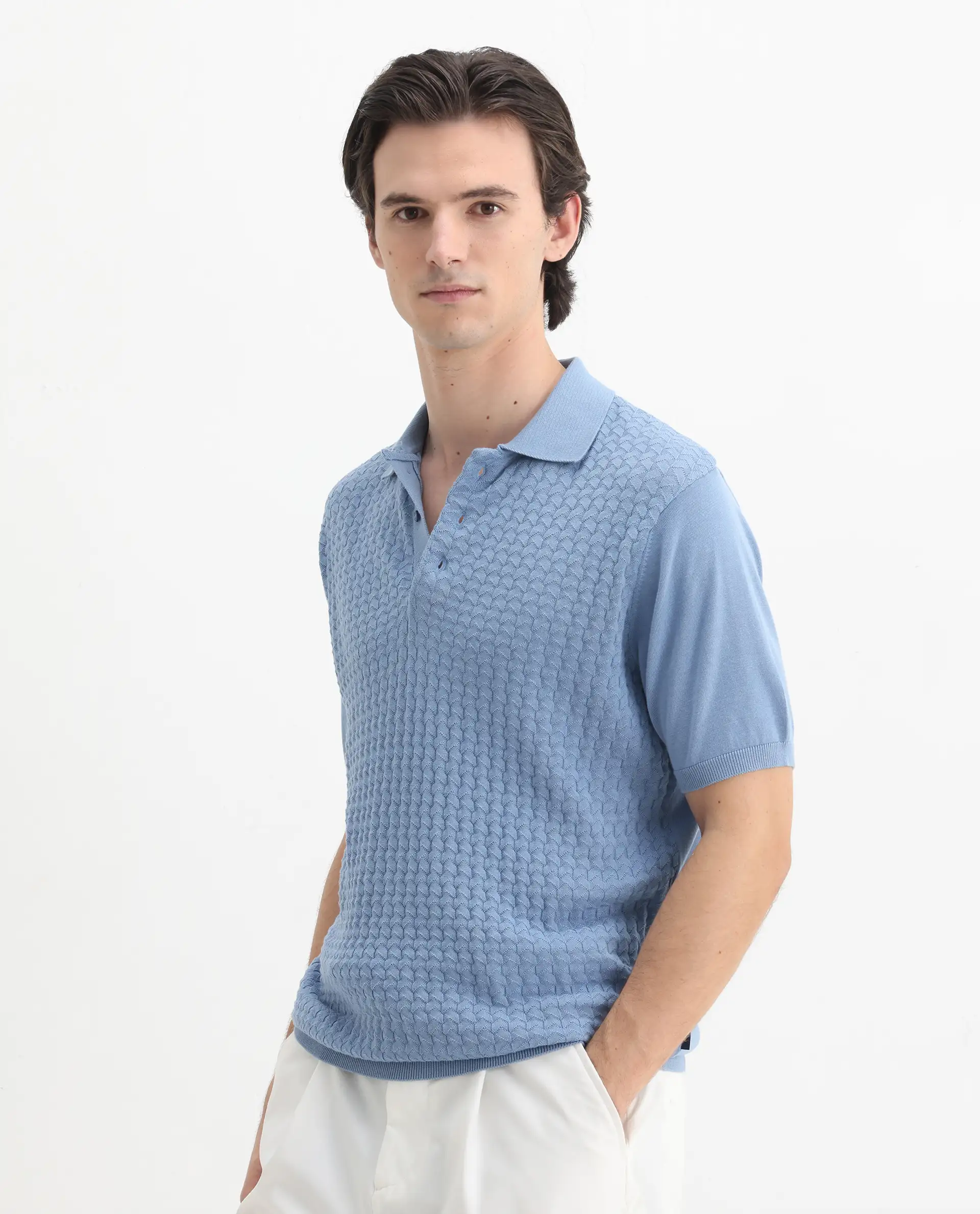 Rare Rabbit Men's Pasto Dusky Blue Cotton Textured Regular Fit Half Sleeve Polo - Image 5