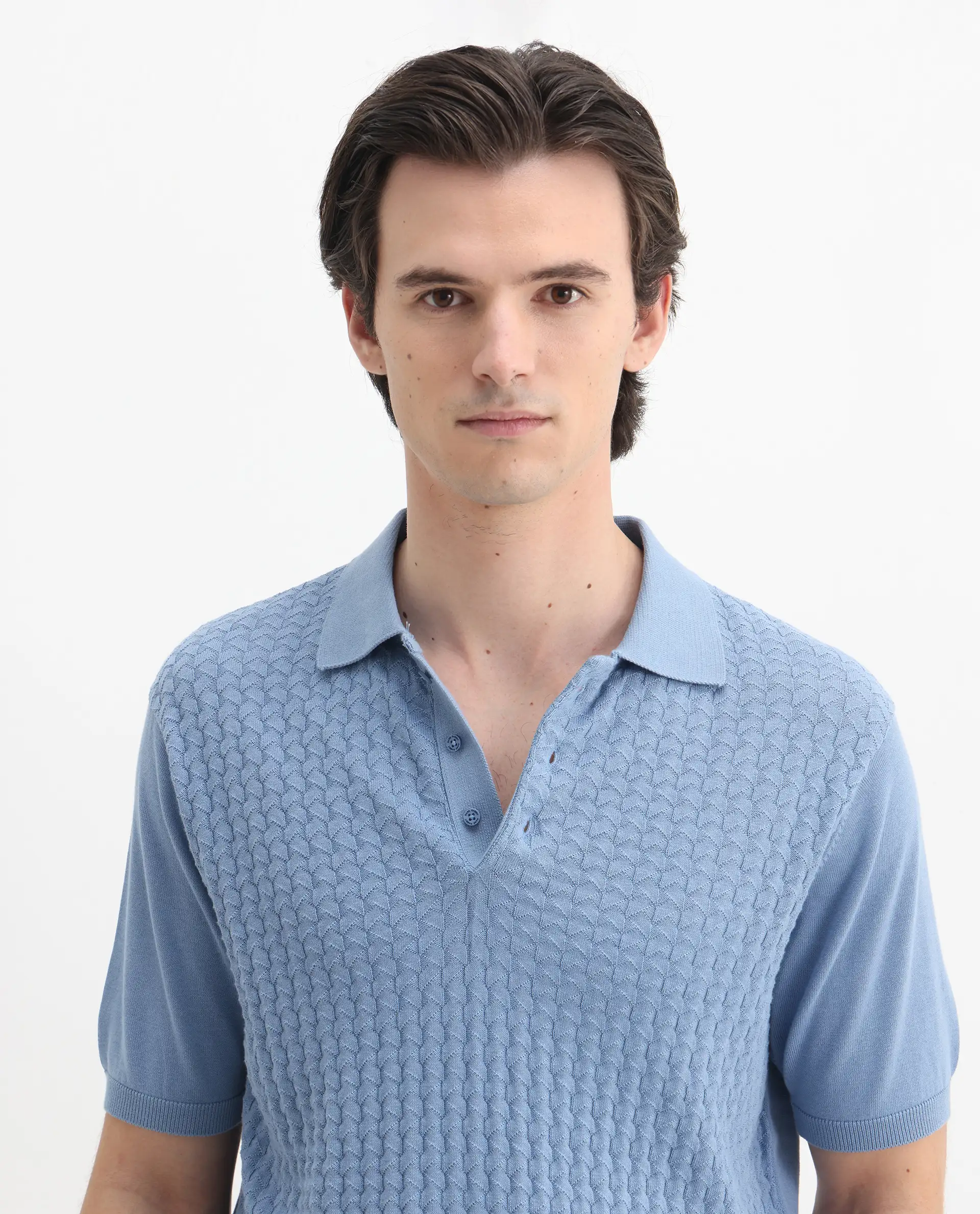 Rare Rabbit Men's Pasto Dusky Blue Cotton Textured Regular Fit Half Sleeve Polo - Image 7