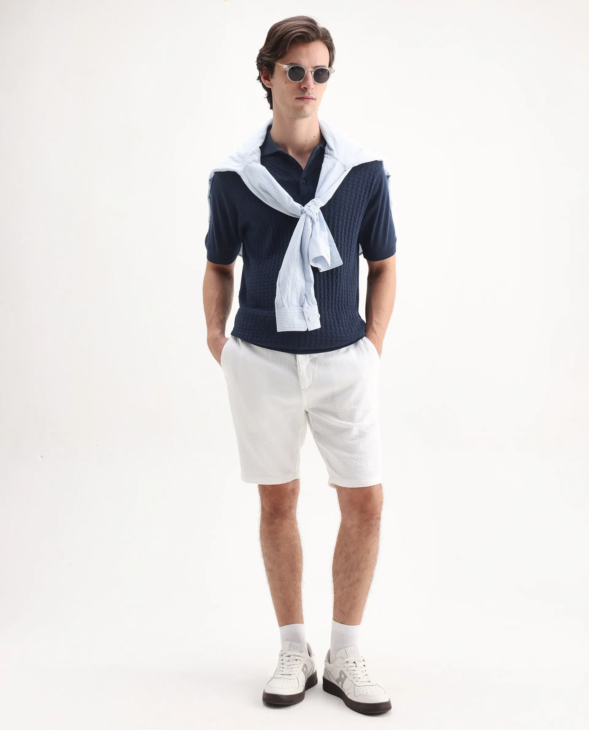 Rare Rabbit Men's Pasto Navy Cotton Textured Regular Fit Half Sleeve Polo - Image 2
