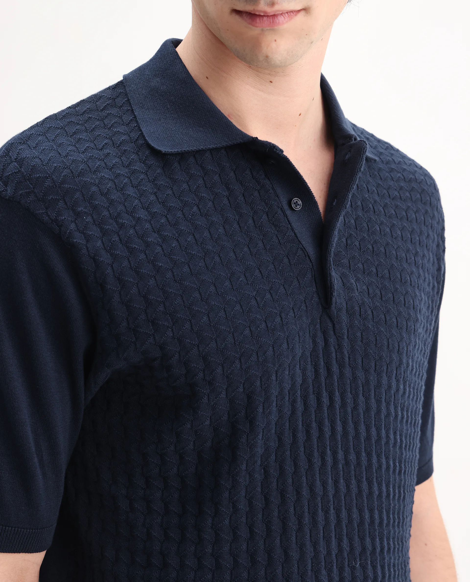 Rare Rabbit Men's Pasto Navy Cotton Textured Regular Fit Half Sleeve Polo - Image 3