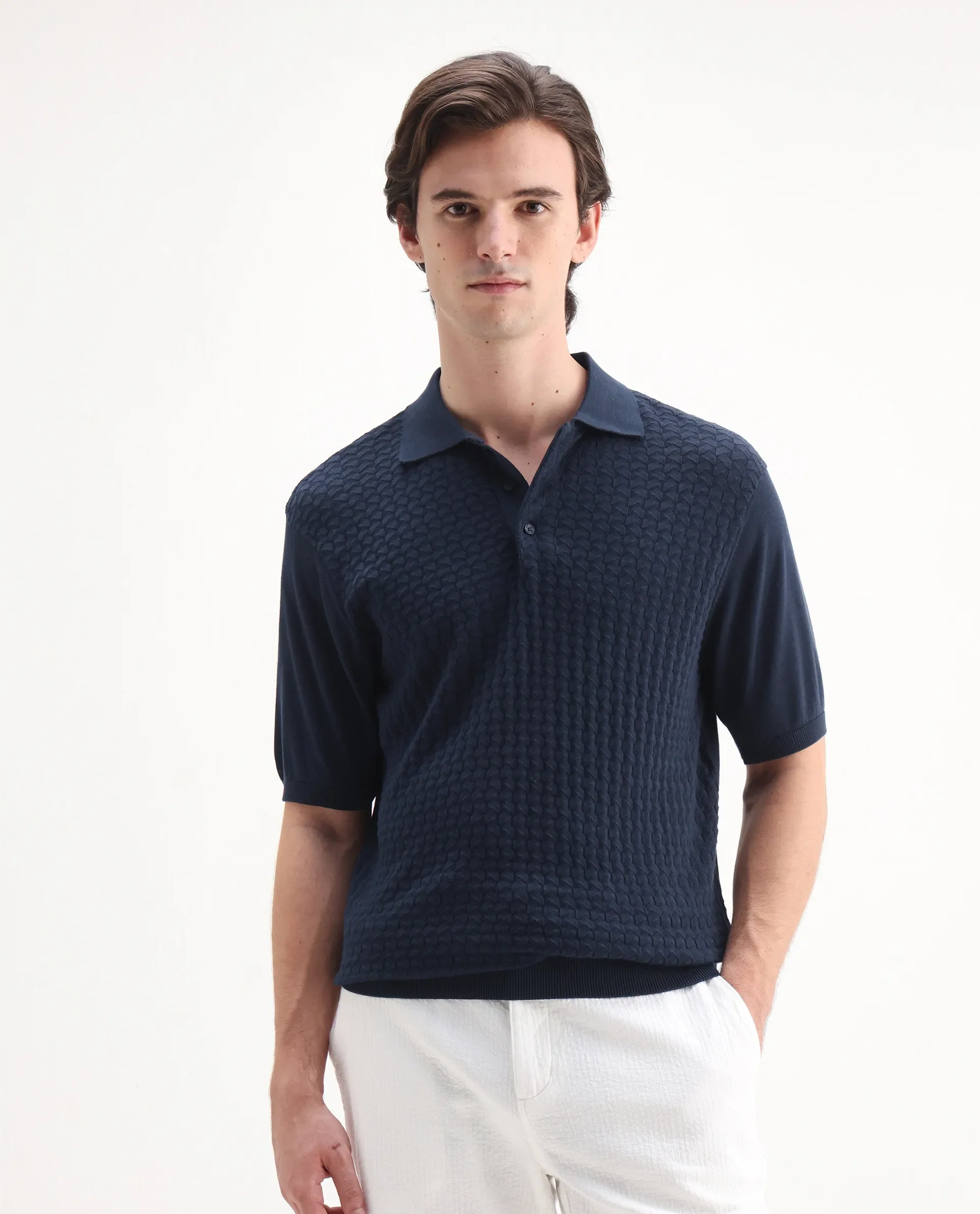 Rare Rabbit Men's Pasto Navy Cotton Textured Regular Fit Half Sleeve Polo - Image 4