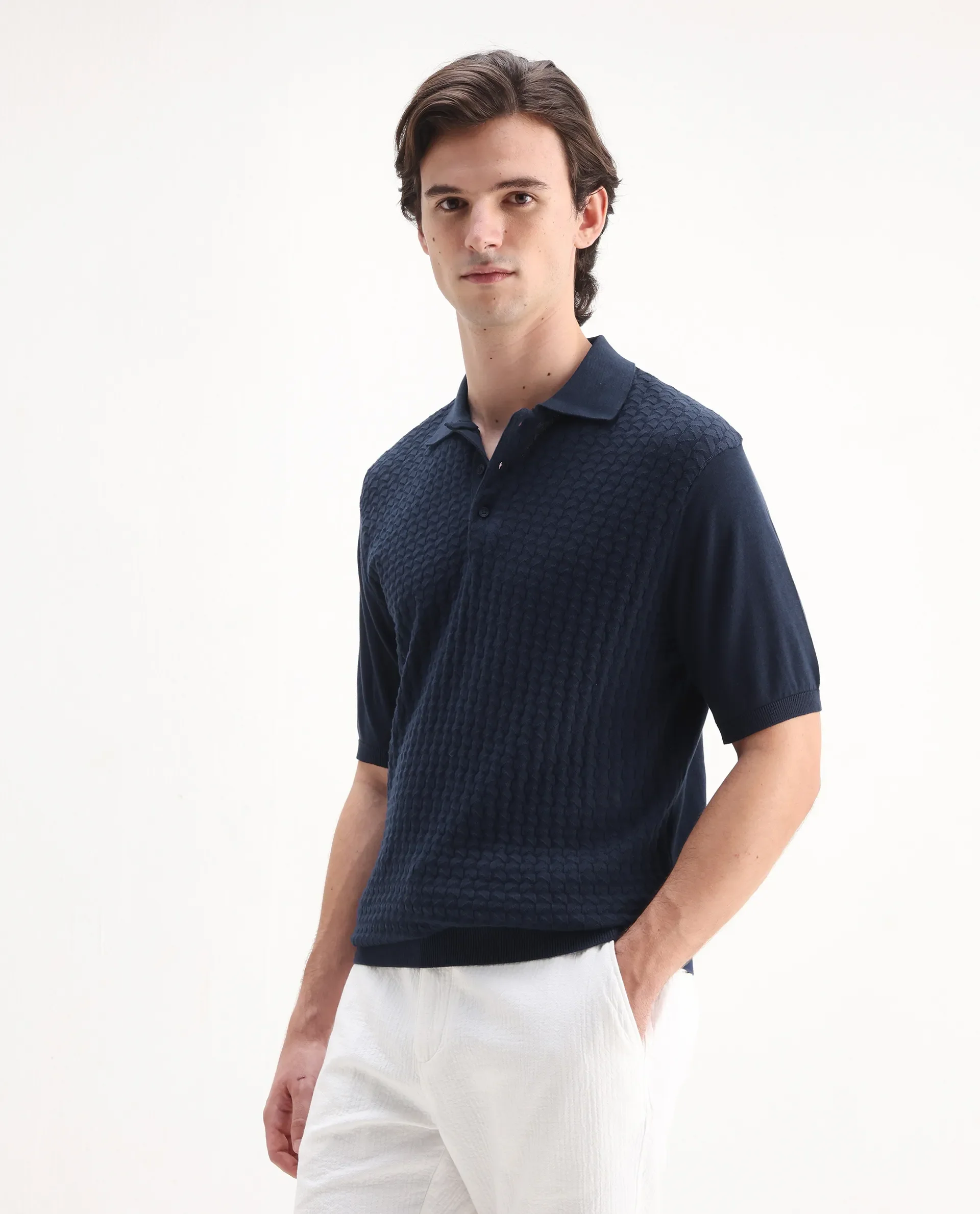 Rare Rabbit Men's Pasto Navy Cotton Textured Regular Fit Half Sleeve Polo - Image 5