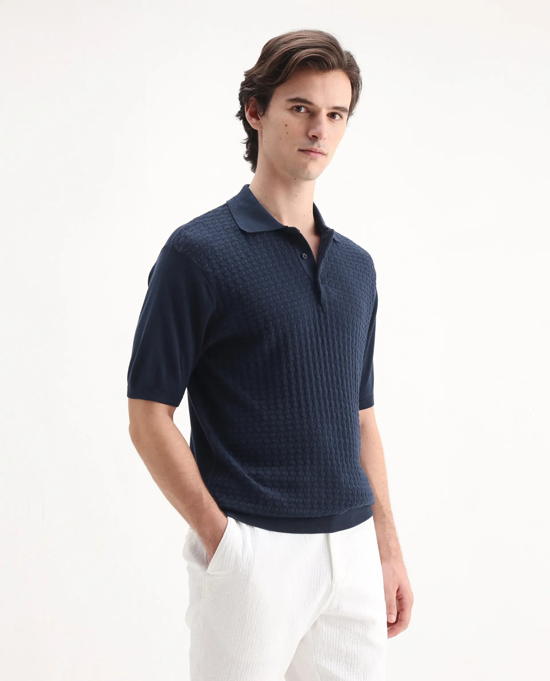 Rare Rabbit Men's Pasto Navy Cotton Textured Regular Fit Half Sleeve Polo - Image 6