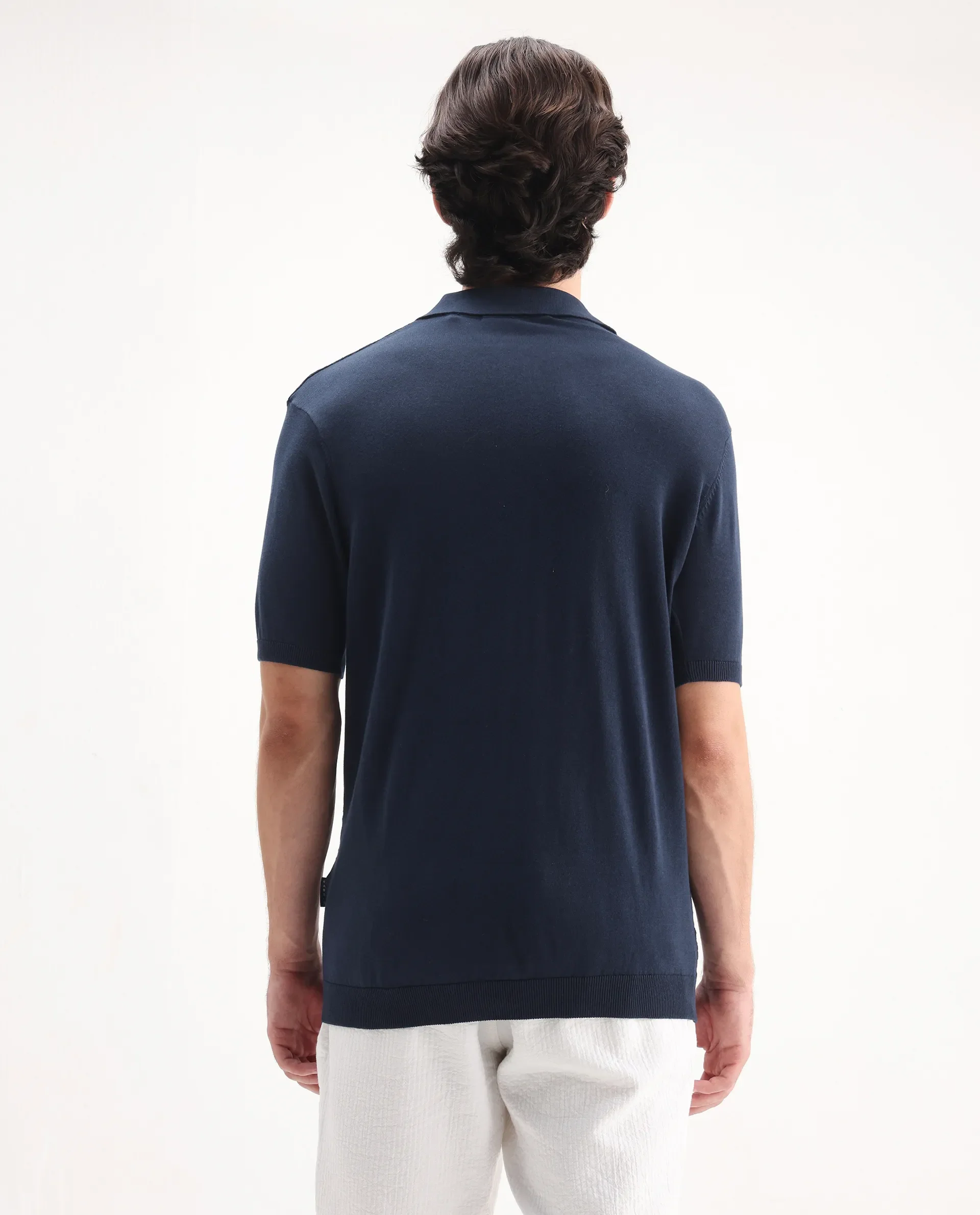 Rare Rabbit Men's Pasto Navy Cotton Textured Regular Fit Half Sleeve Polo - Image 7