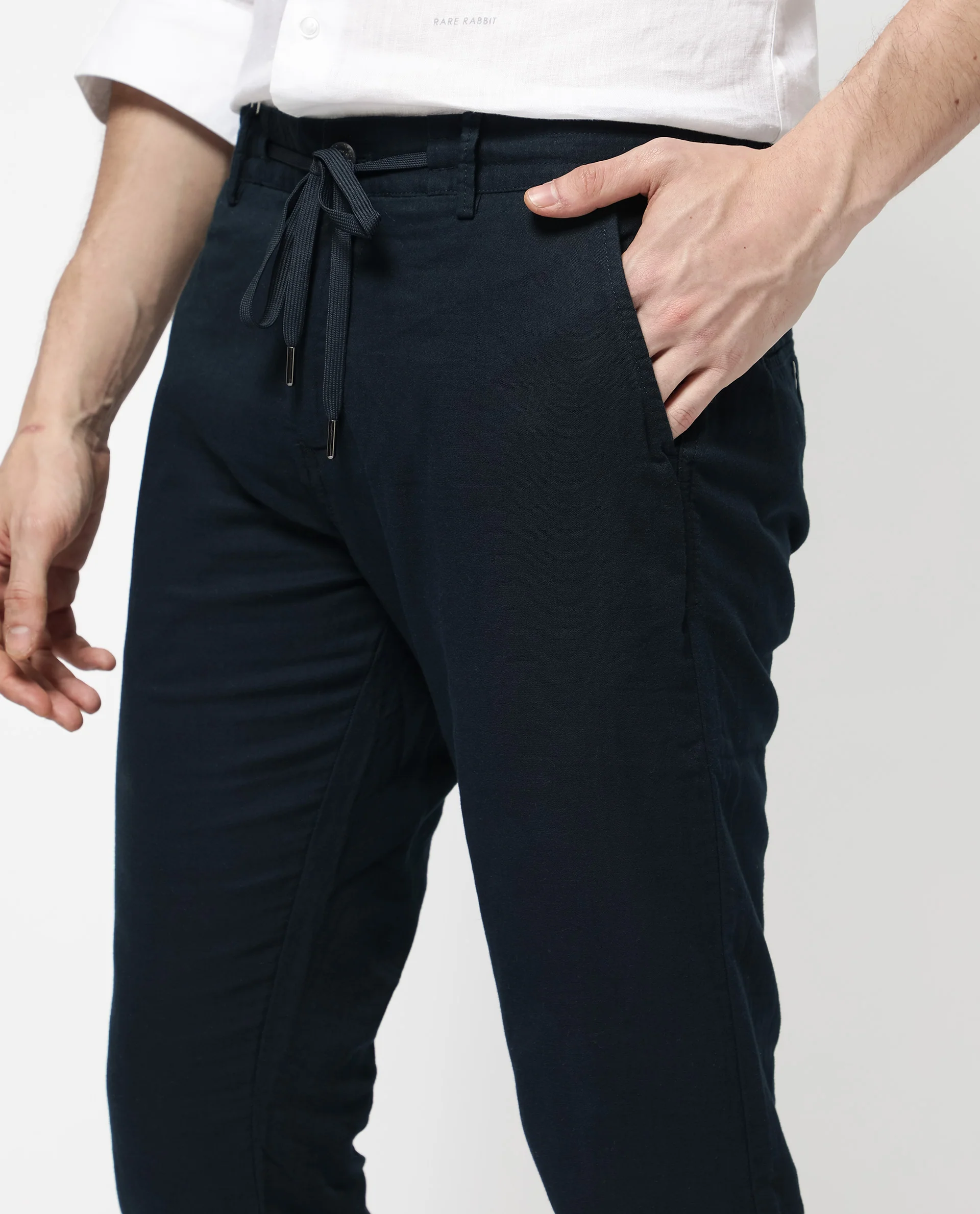Rare Rabbit Men's Pastor 2 Navy Cotton Plain Regular Fit Trouser - Image 3