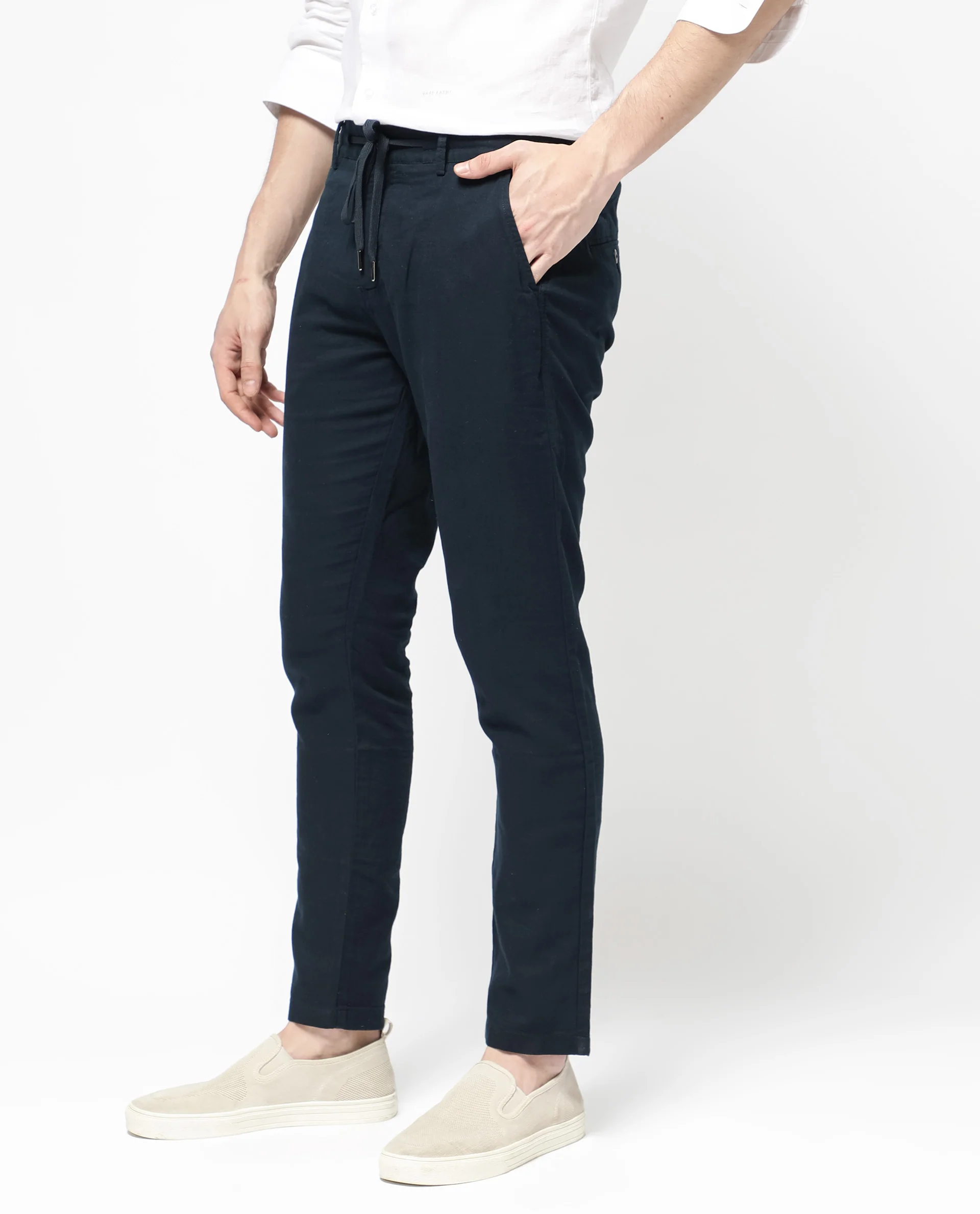 Rare Rabbit Men's Pastor 2 Navy Cotton Plain Regular Fit Trouser - Image 4