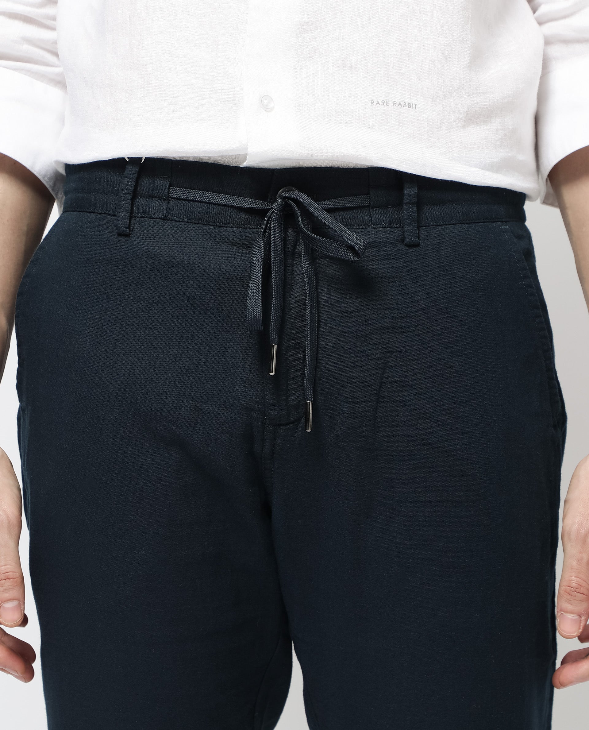 Rare Rabbit Men's Pastor 2 Navy Cotton Plain Regular Fit Trouser - Image 5