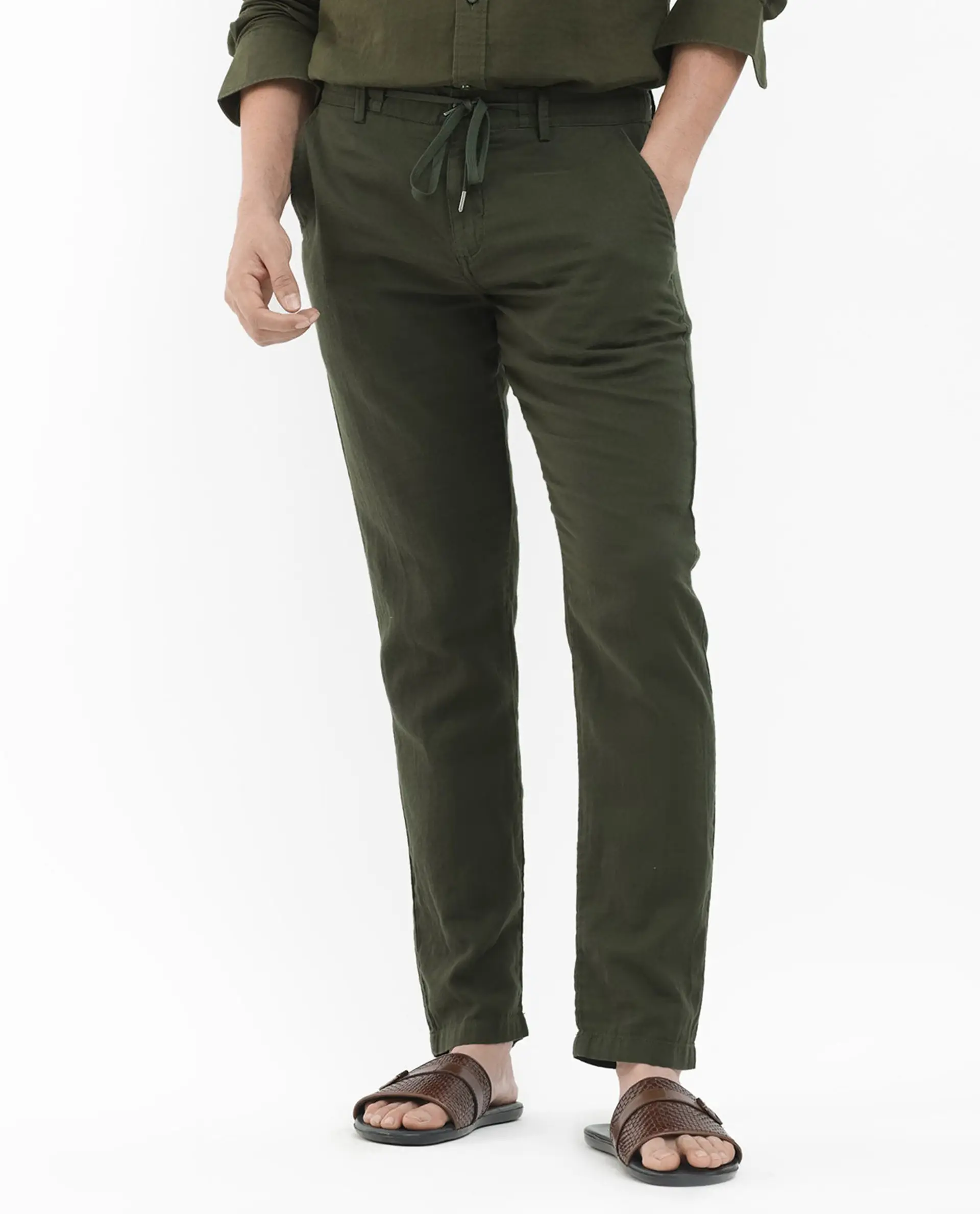 Rare Rabbit Men's Pastor 2 Olive Cotton Plain Regular Fit Trouser - Image 10