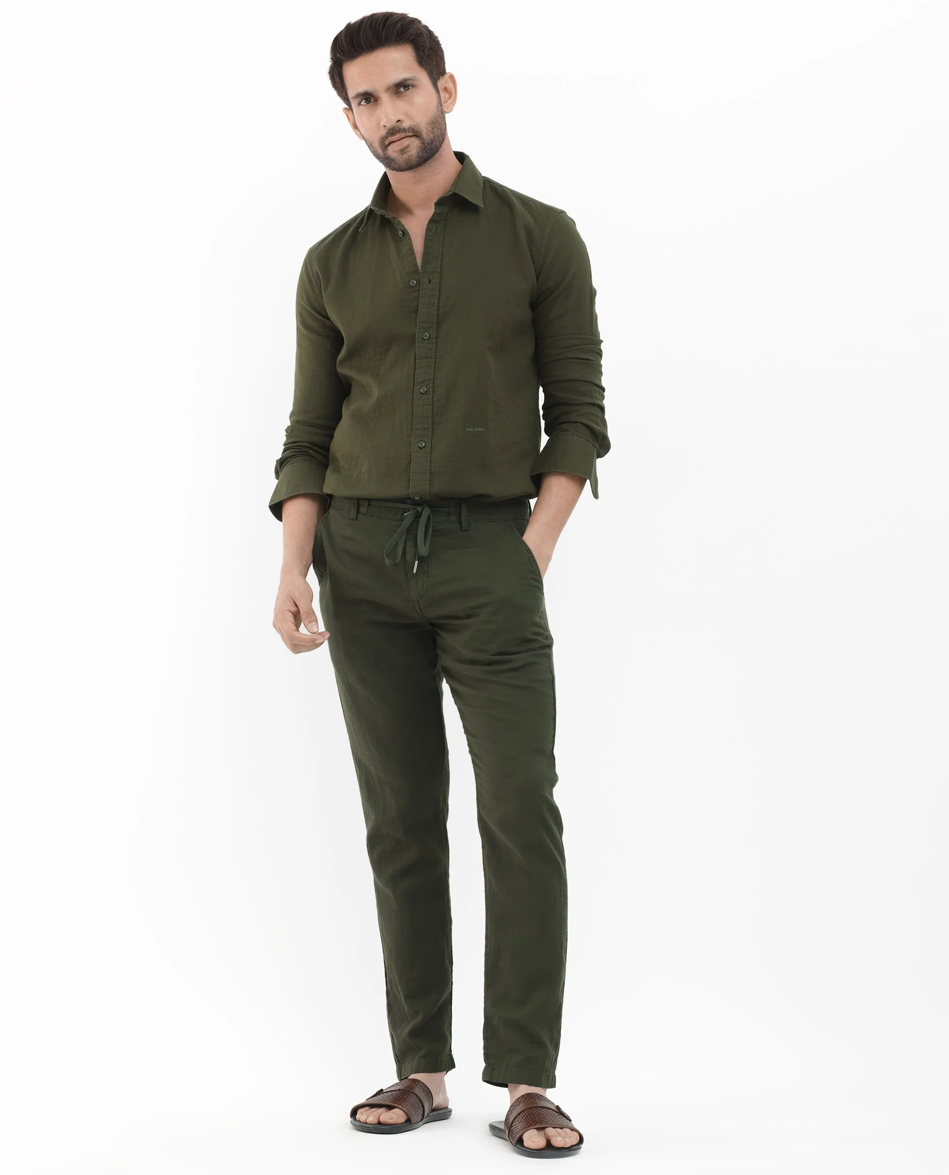 Rare Rabbit Men's Pastor 2 Olive Cotton Plain Regular Fit Trouser - Image 2