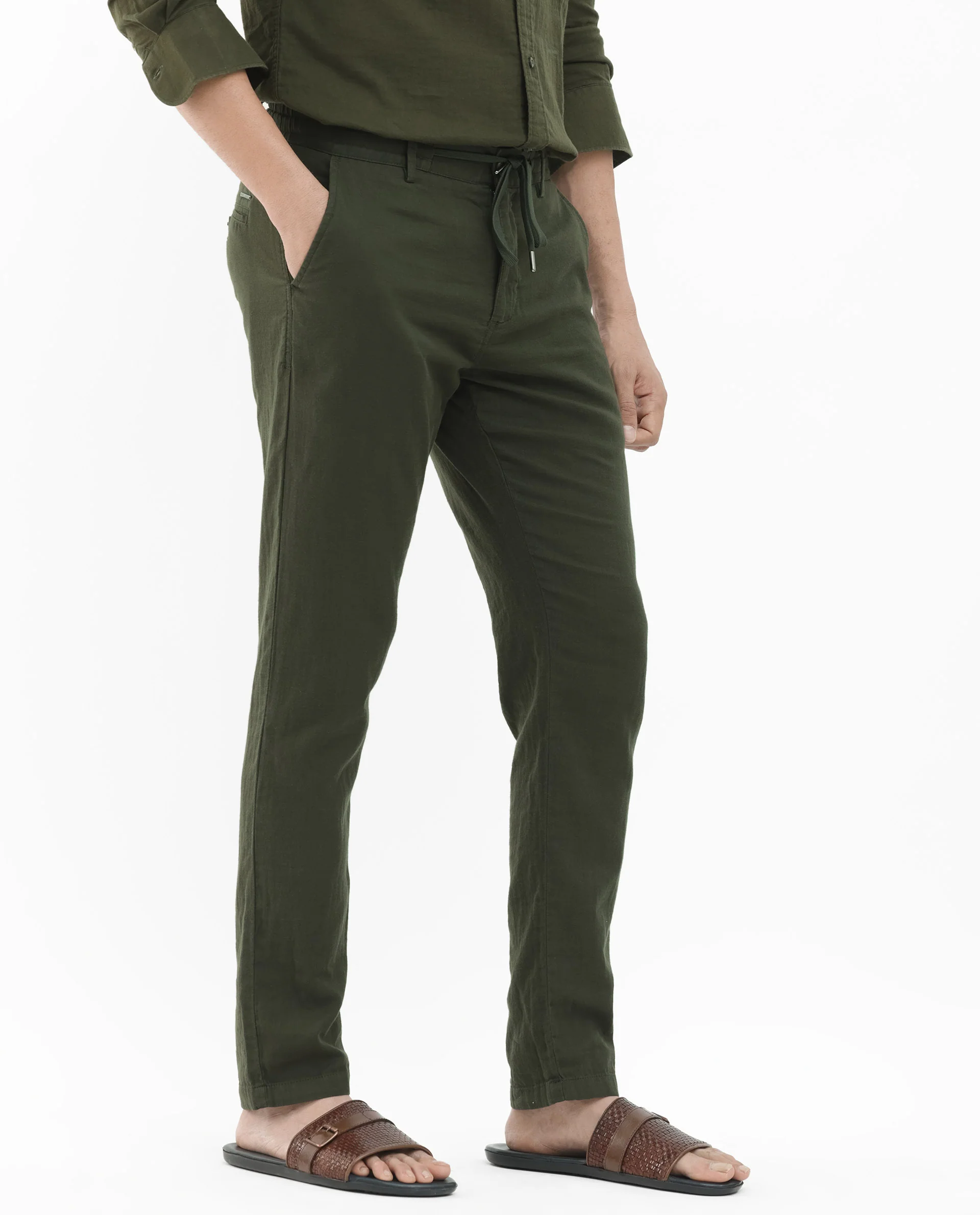Rare Rabbit Men's Pastor 2 Olive Cotton Plain Regular Fit Trouser - Image 5