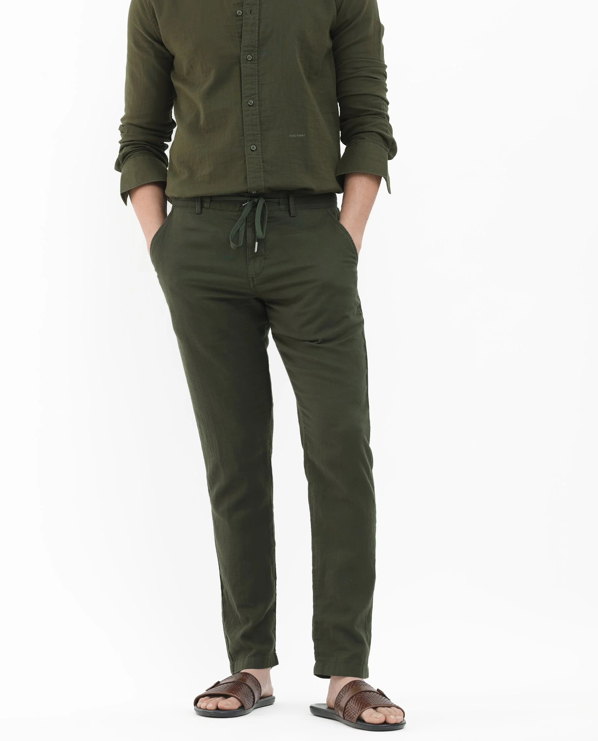 Rare Rabbit Men's Pastor 2 Olive Cotton Plain Regular Fit Trouser - Image 7