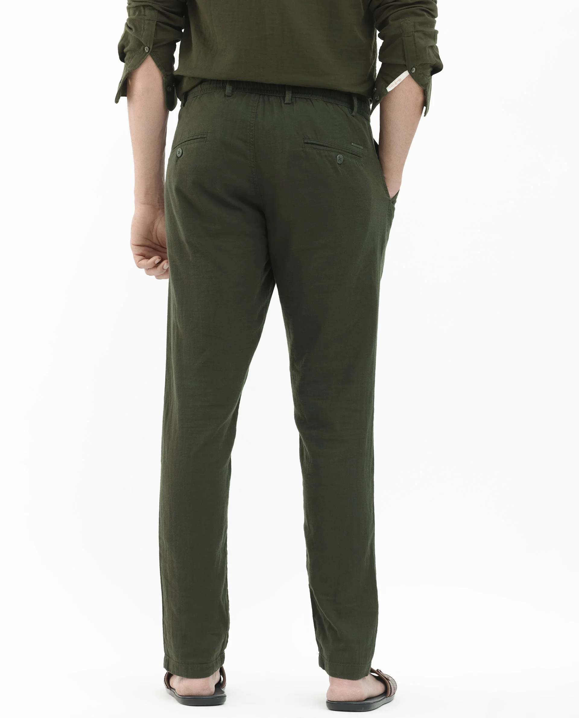 Rare Rabbit Men's Pastor 2 Olive Cotton Plain Regular Fit Trouser - Image 8