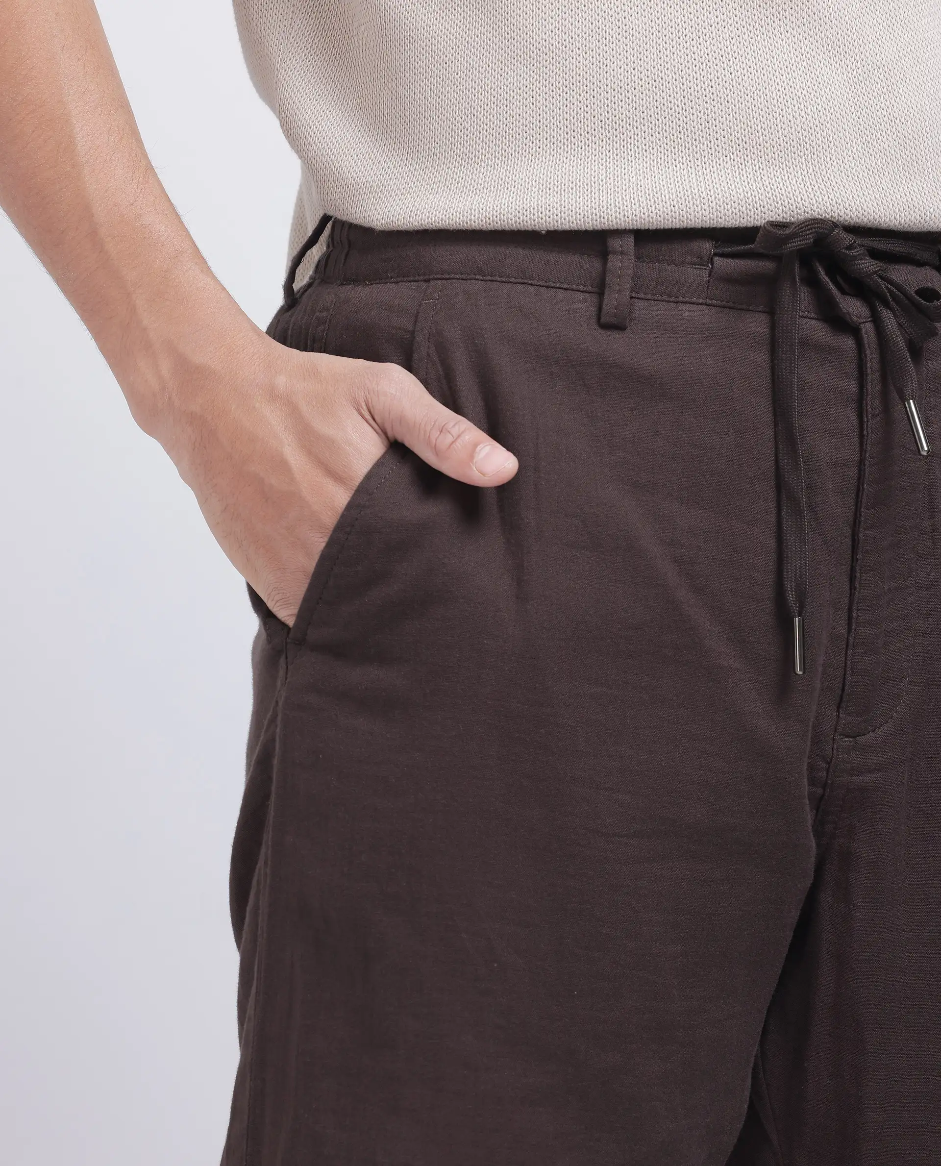 Rare Rabbit Men's Pastor-25 Brown Cotton Plain Regular Fit Trouser - Image 3