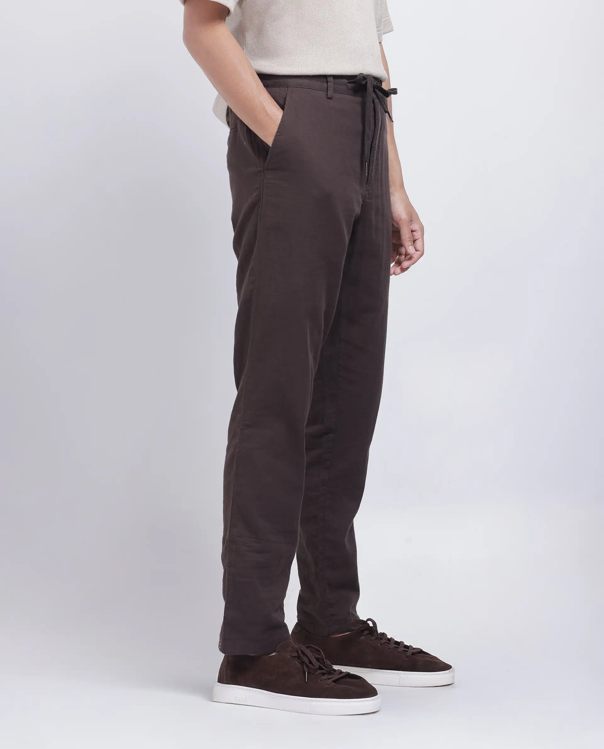 Rare Rabbit Men's Pastor-25 Brown Cotton Plain Regular Fit Trouser - Image 4
