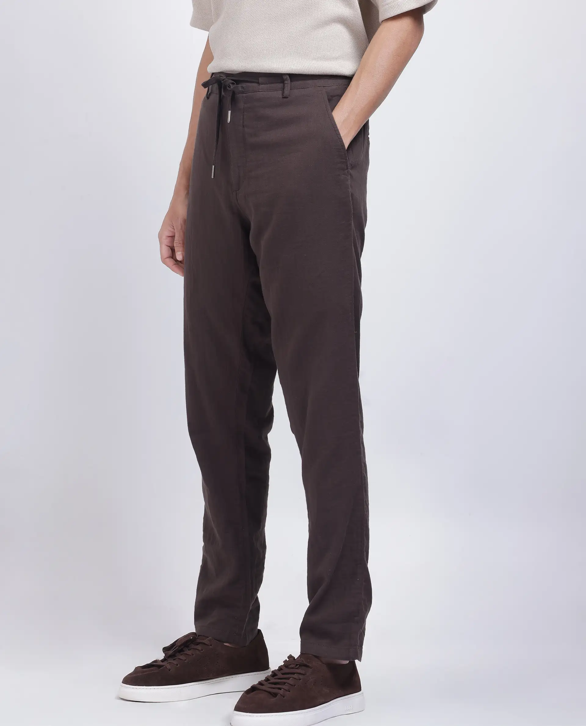 Rare Rabbit Men's Pastor-25 Brown Cotton Plain Regular Fit Trouser - Image 5