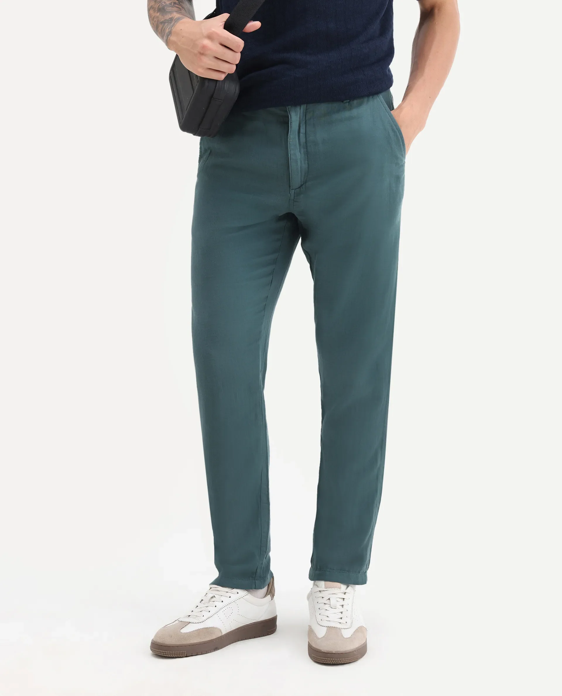 Rare Rabbit Men's Pastor 25 Teal Cotton Plain Regular Fit Trouser - Image 2