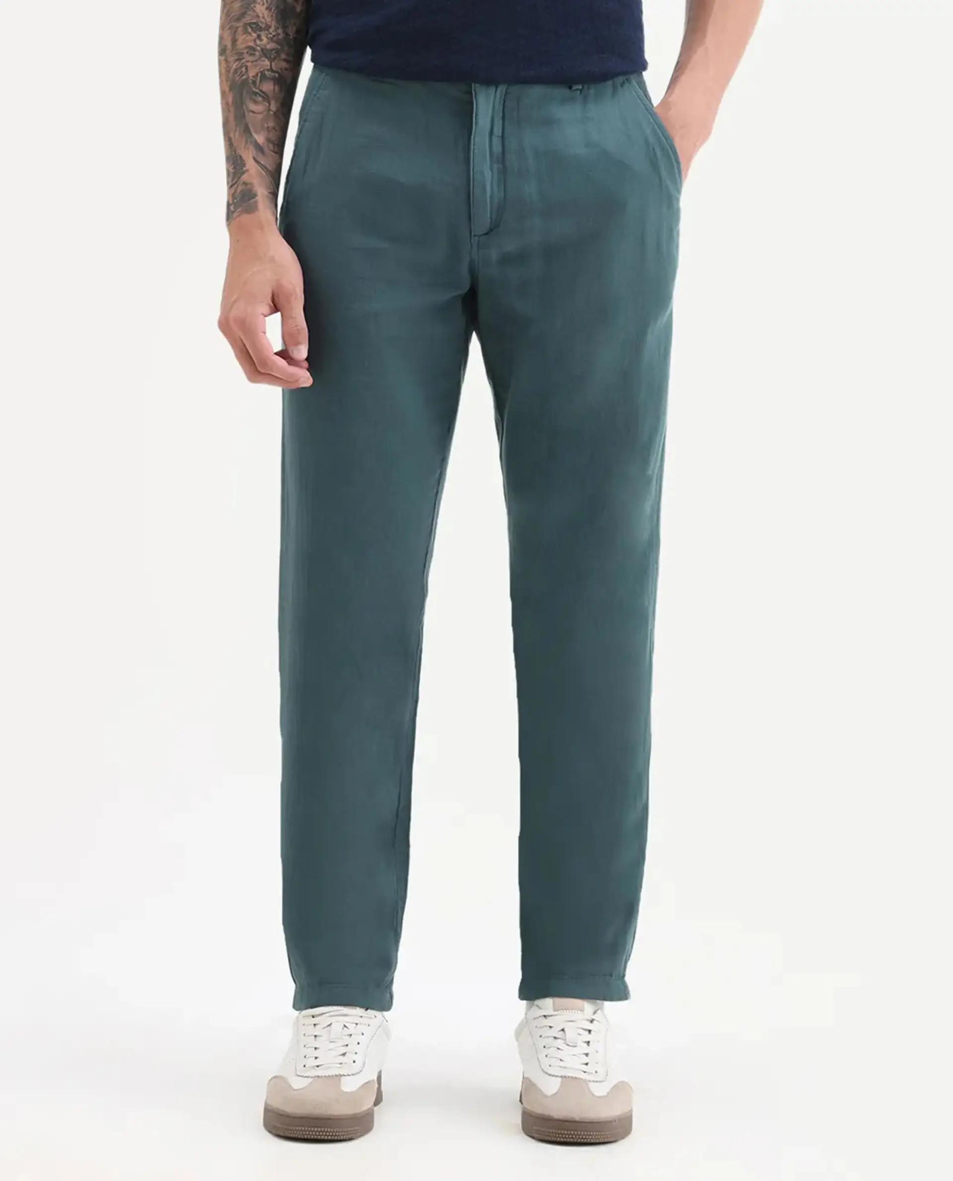 Rare Rabbit Men's Pastor 25 Teal Cotton Plain Regular Fit Trouser - Image 9