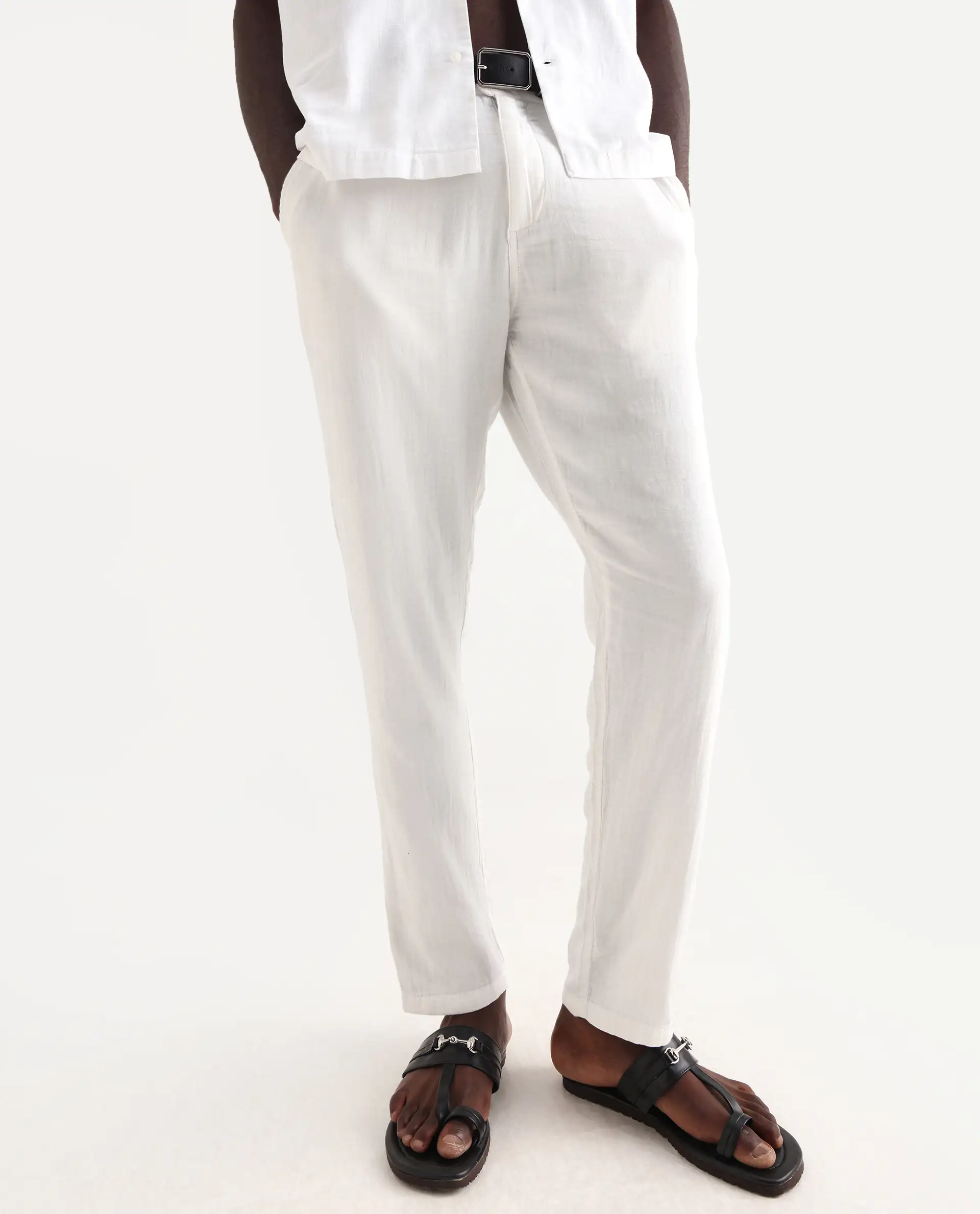 Rare Rabbit Men's Pastor 25 White Cotton Plain Regular Fit Trouser - Image 2