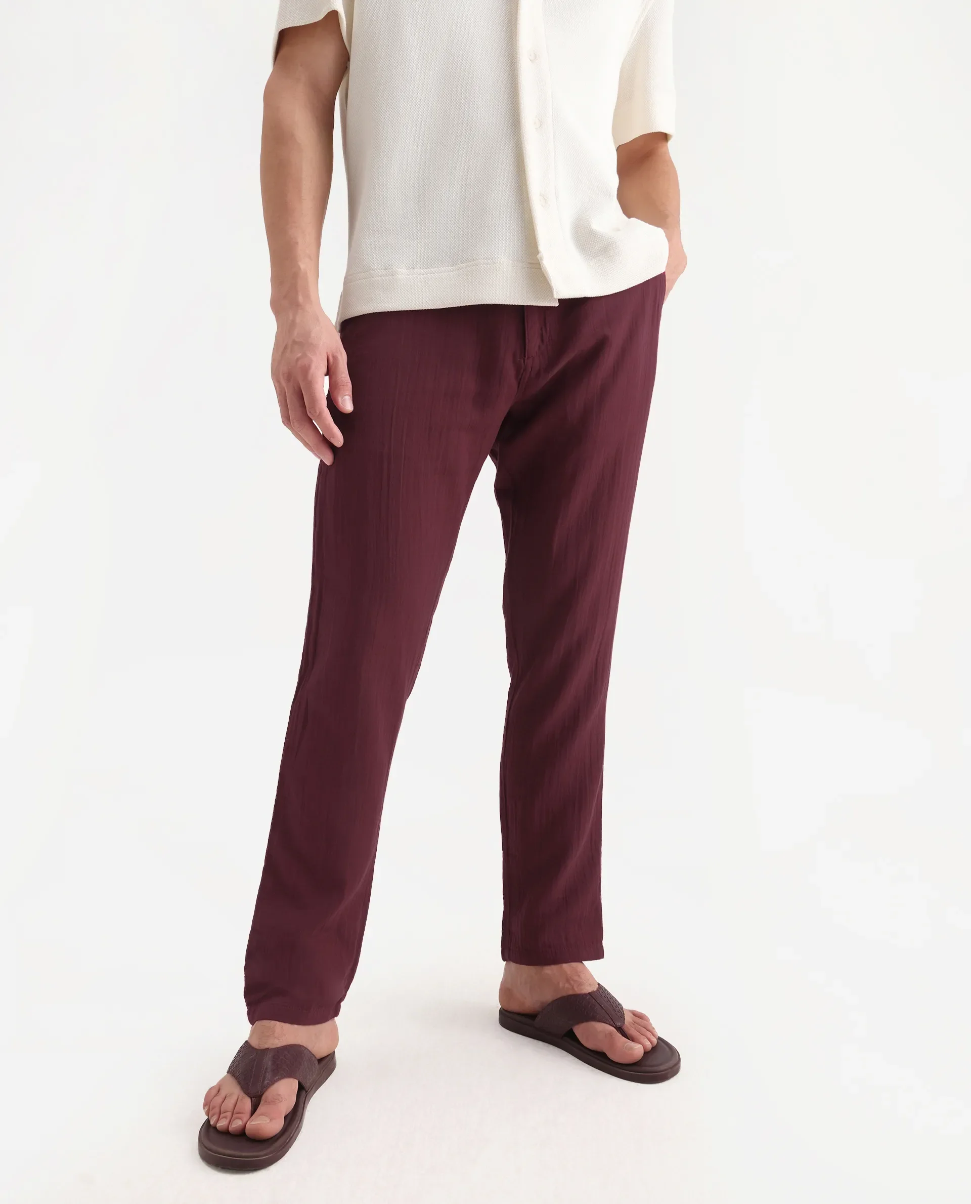 Rare Rabbit Men's Pastor-3 Dark Maroon Cotton Plain Regular Fit Trouser - Image 2