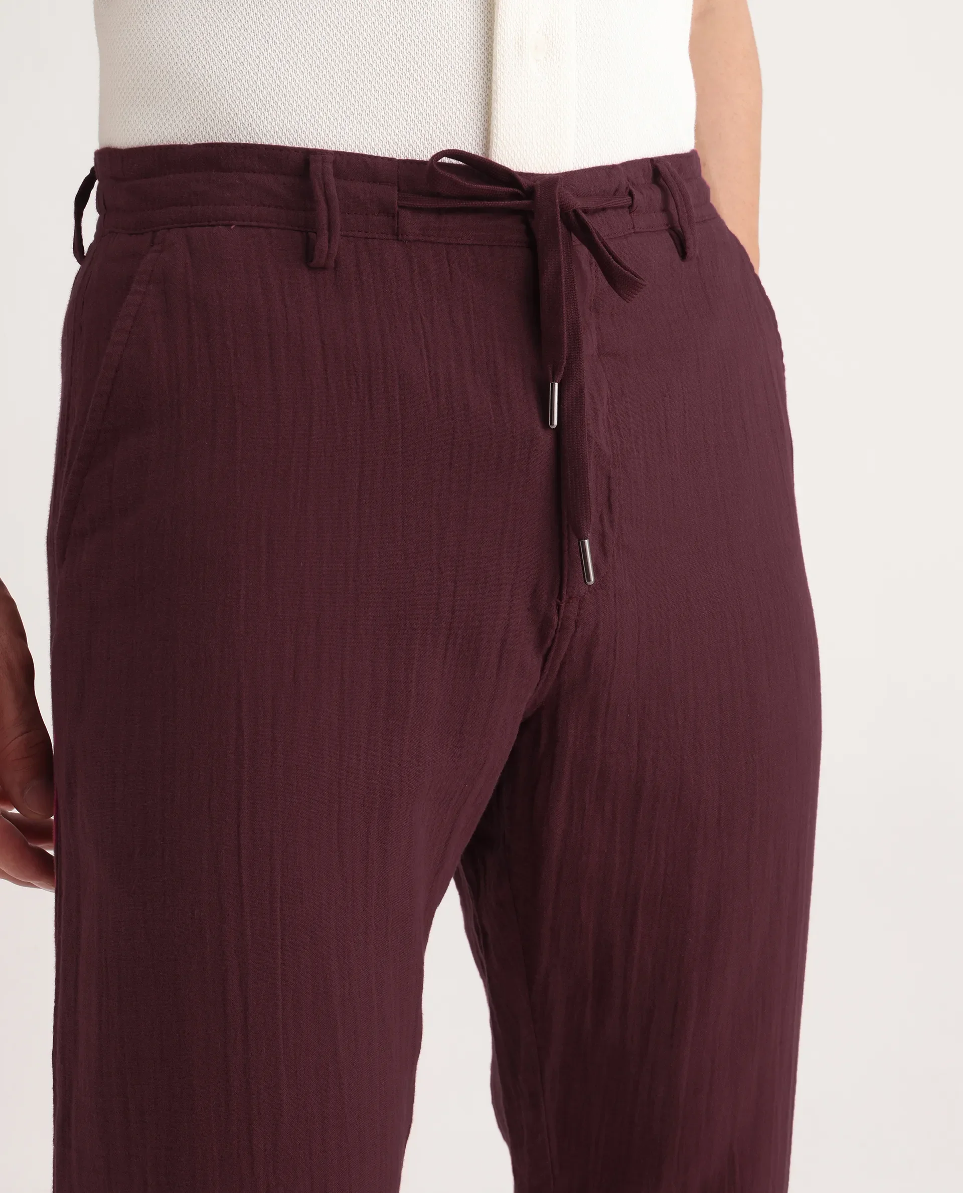 Rare Rabbit Men's Pastor-3 Dark Maroon Cotton Plain Regular Fit Trouser - Image 3