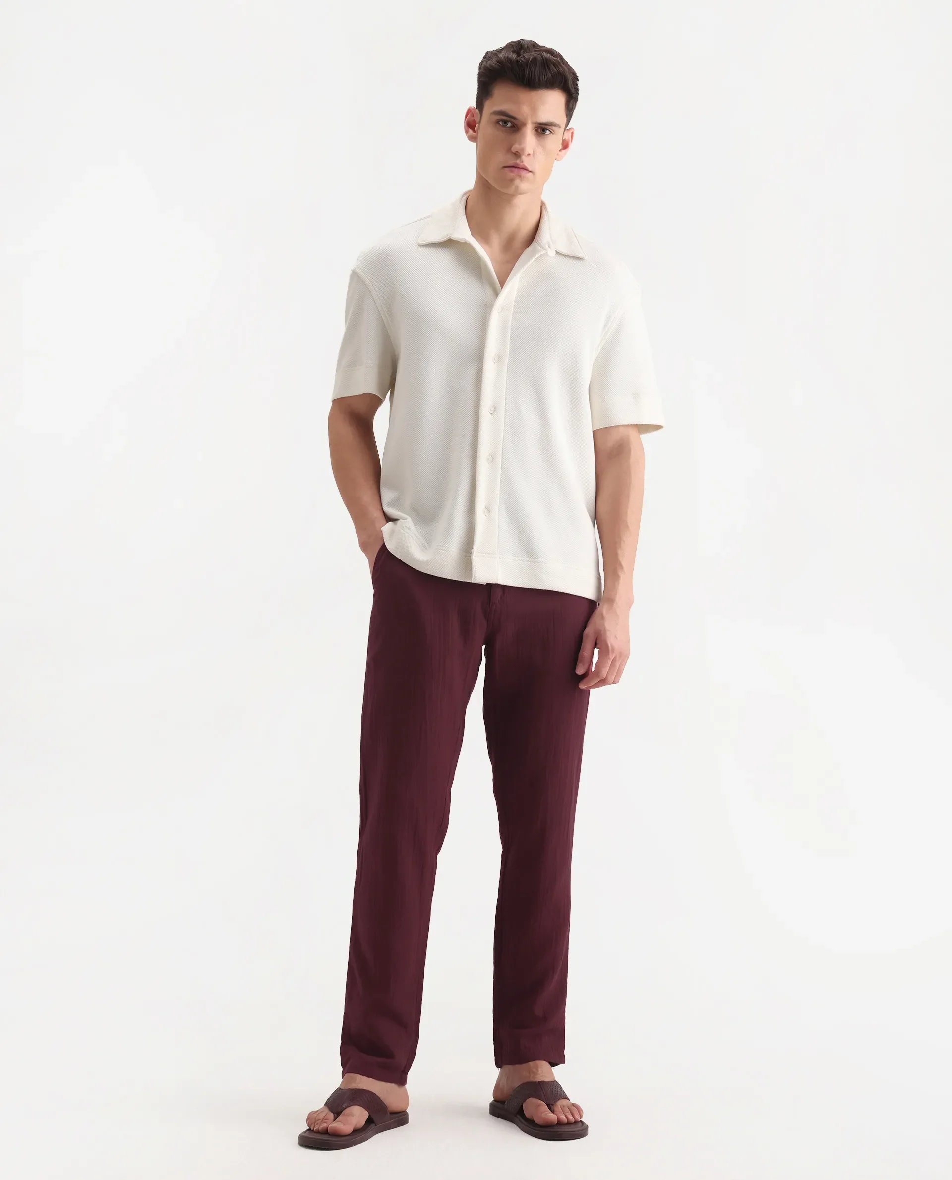 Rare Rabbit Men's Pastor-3 Dark Maroon Cotton Plain Regular Fit Trouser - Image 4
