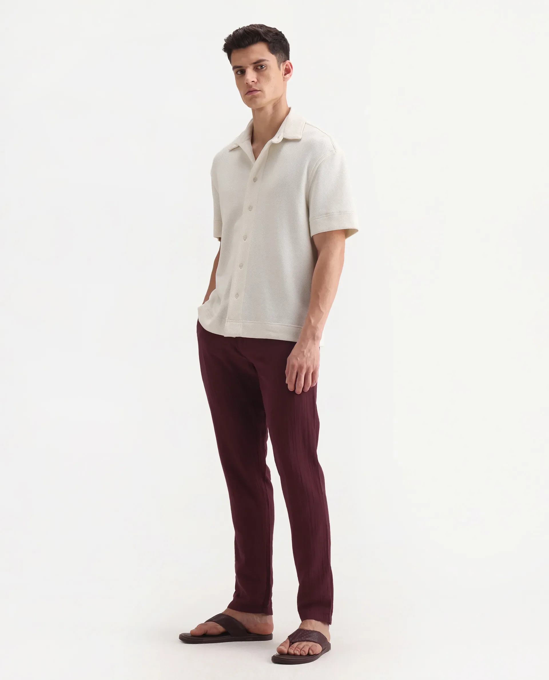 Rare Rabbit Men's Pastor-3 Dark Maroon Cotton Plain Regular Fit Trouser - Image 5