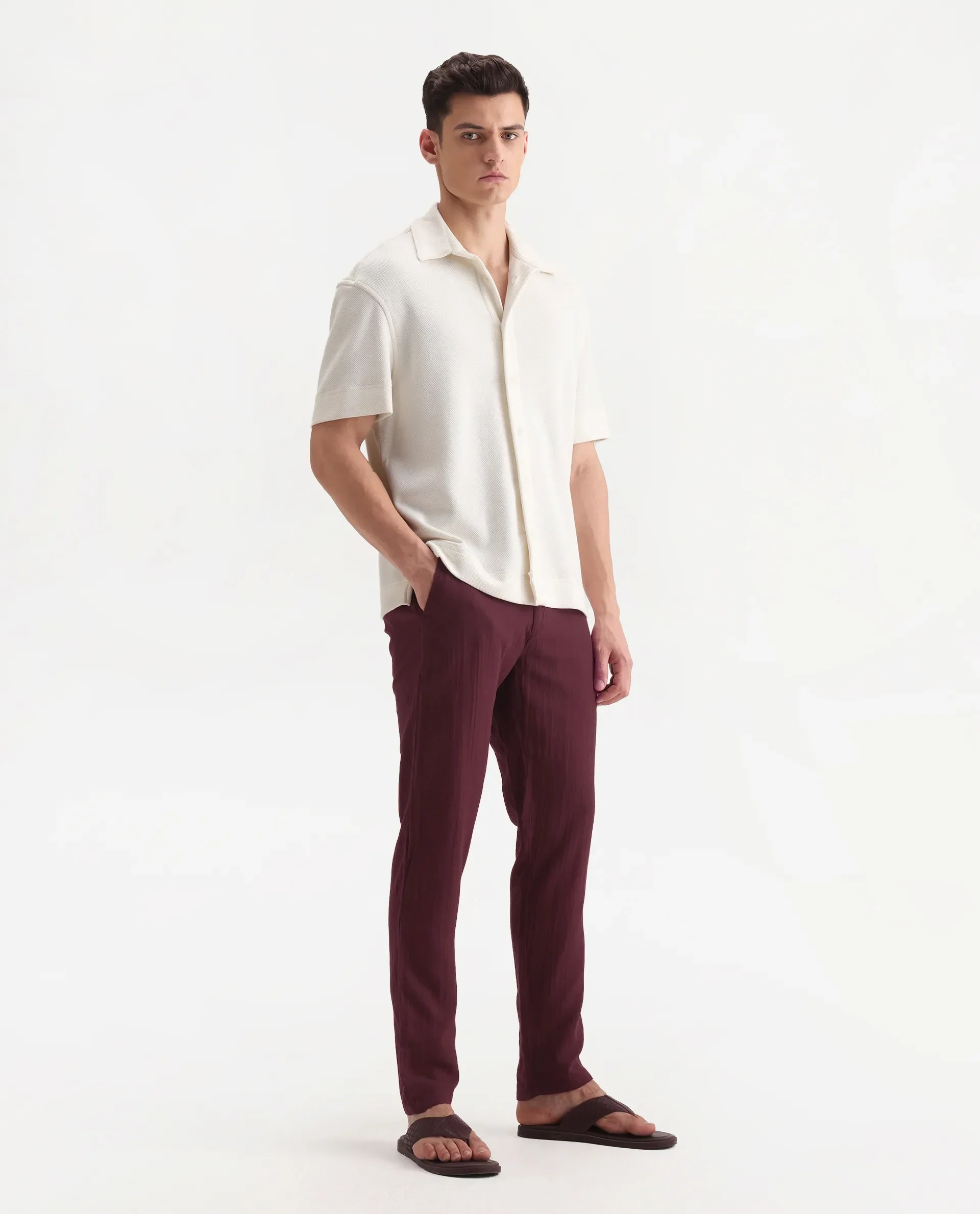 Rare Rabbit Men's Pastor-3 Dark Maroon Cotton Plain Regular Fit Trouser - Image 6