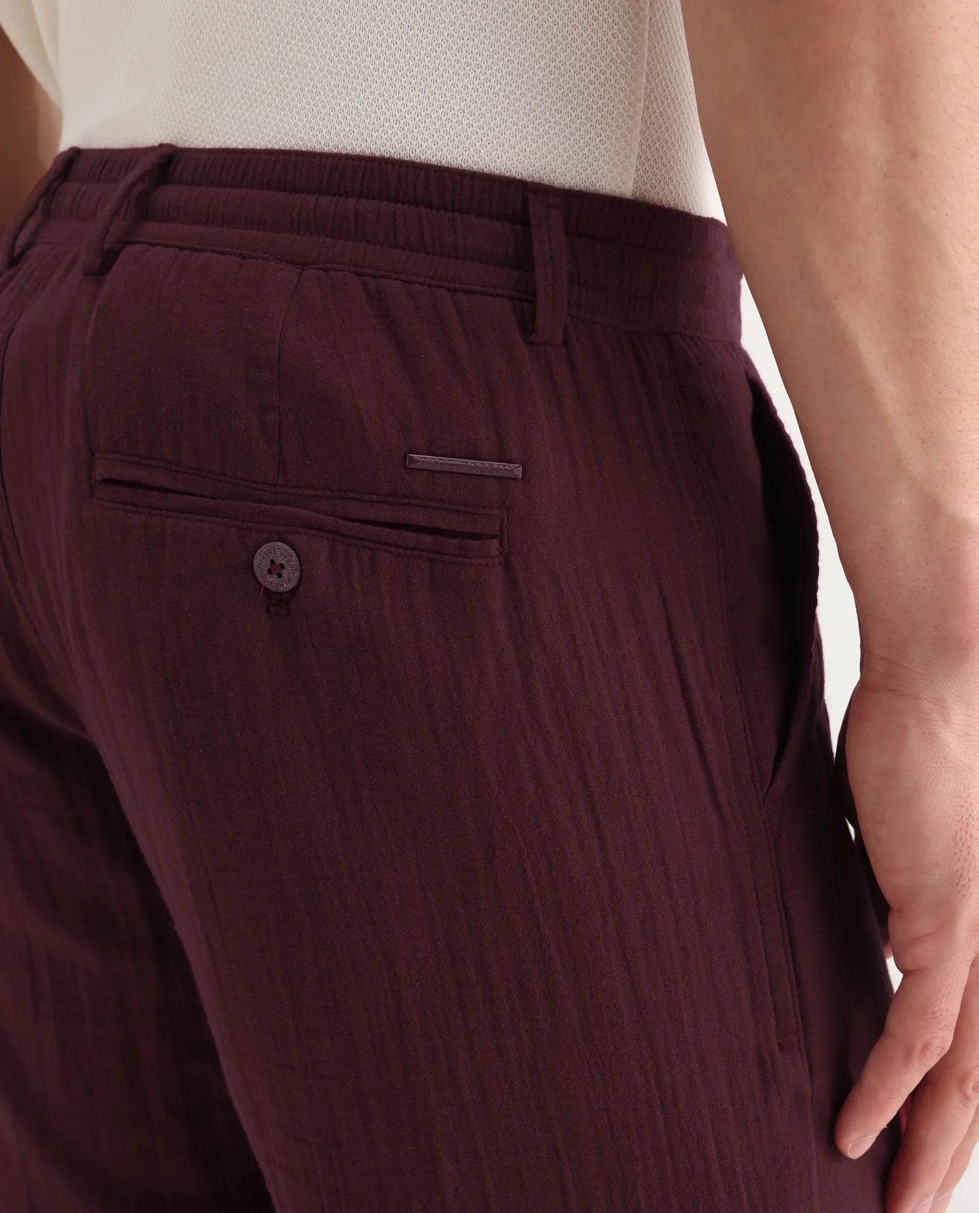 Rare Rabbit Men's Pastor-3 Dark Maroon Cotton Plain Regular Fit Trouser - Image 7