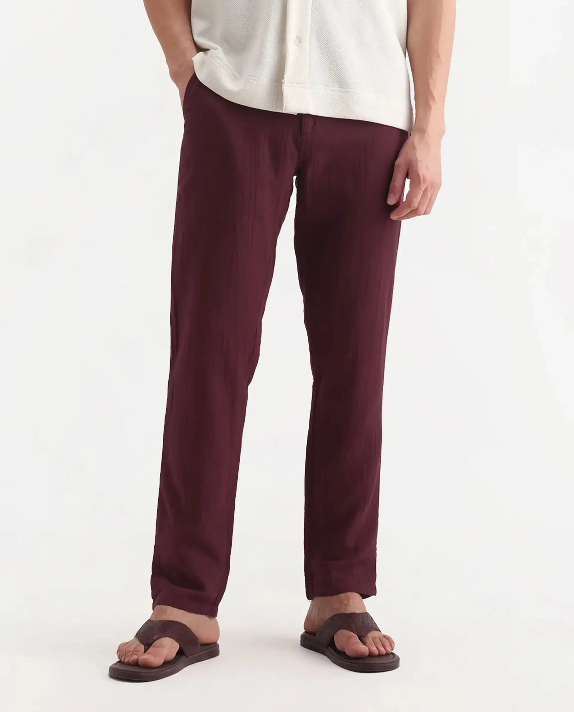 Rare Rabbit Men's Pastor-3 Dark Maroon Cotton Plain Regular Fit Trouser - Image 9
