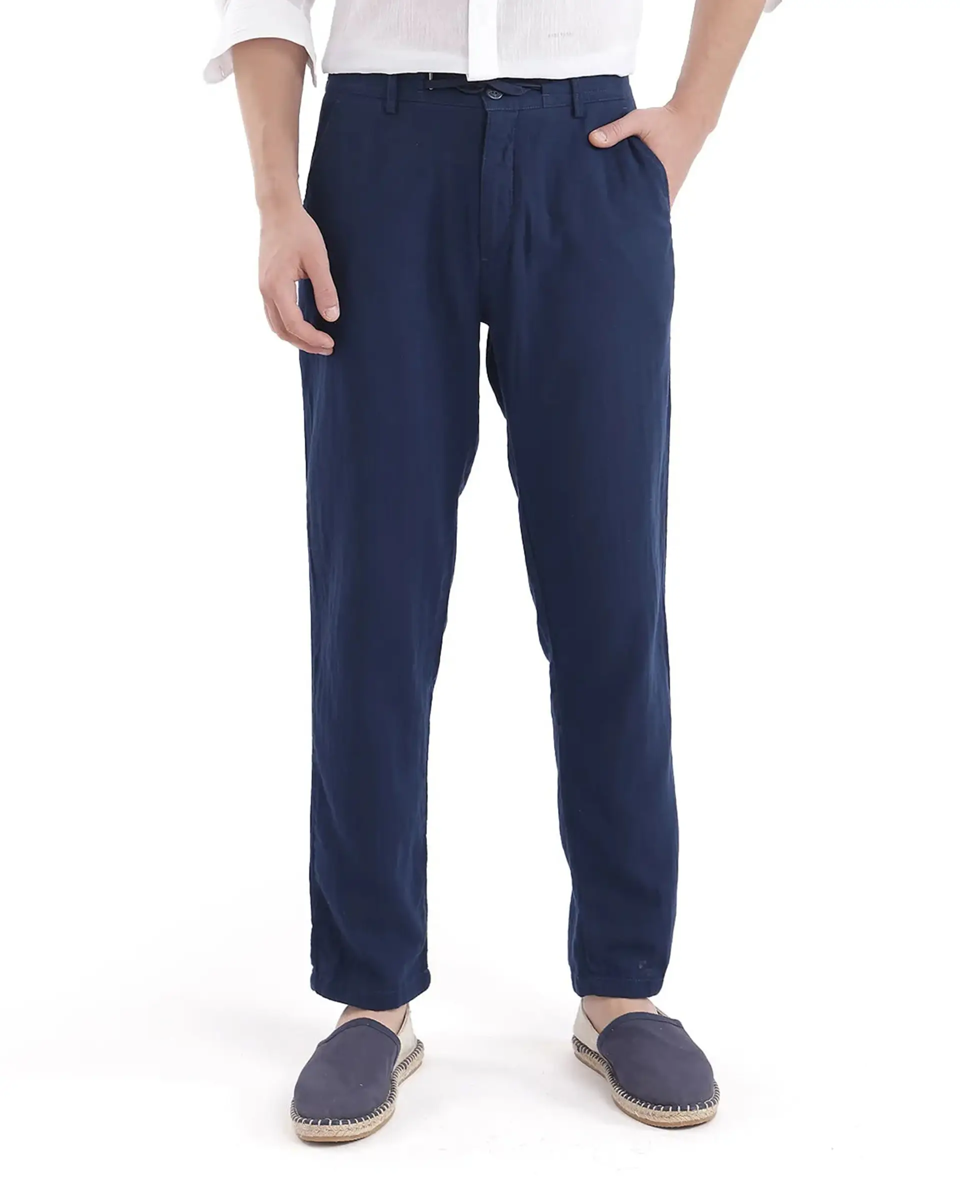 Rare Rabbit Men's Pastor-3 Navy Cotton Plain Regular Fit Trouser - Image 10