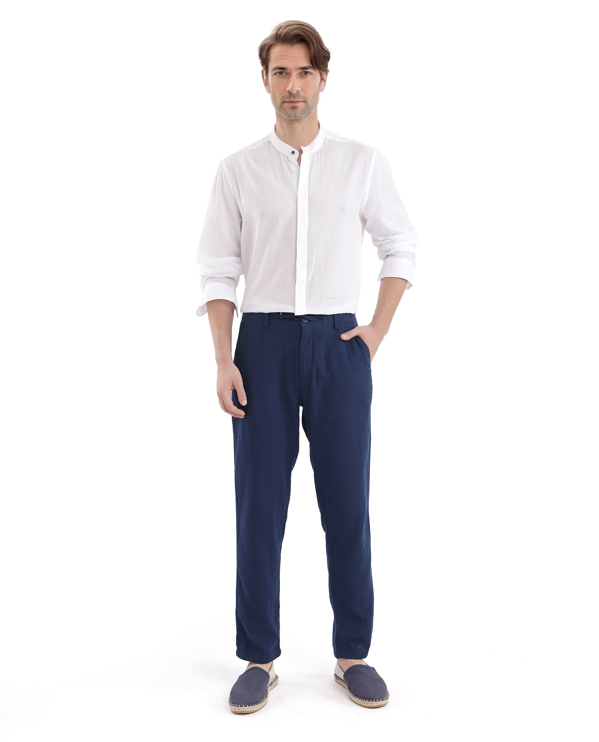 Rare Rabbit Men's Pastor-3 Navy Cotton Plain Regular Fit Trouser - Image 2