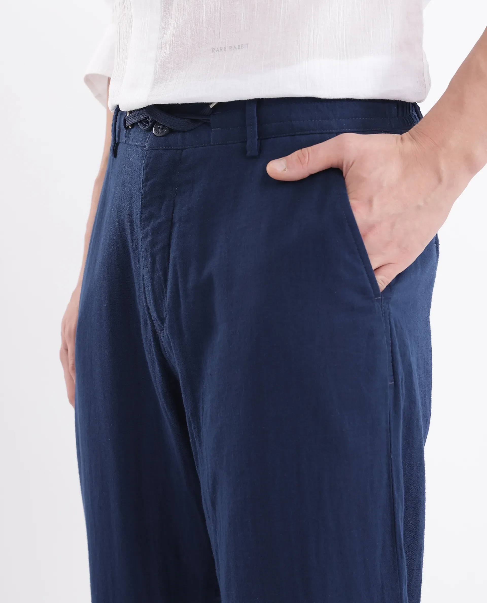 Rare Rabbit Men's Pastor-3 Navy Cotton Plain Regular Fit Trouser - Image 3