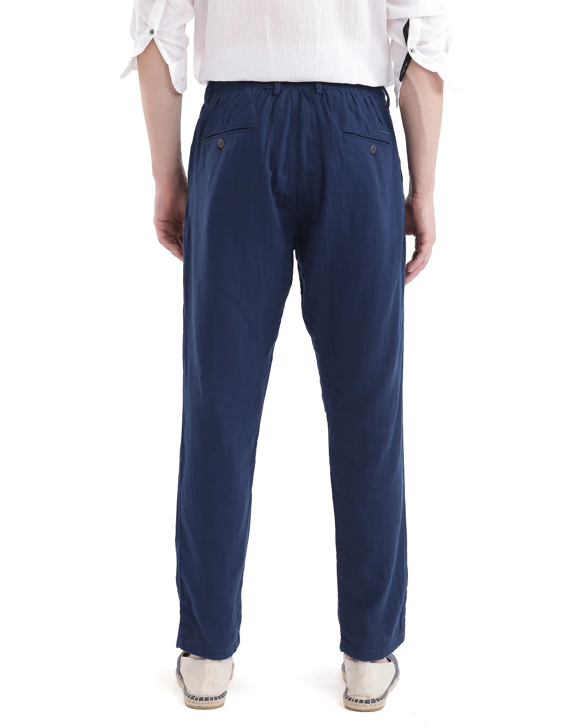Rare Rabbit Men's Pastor-3 Navy Cotton Plain Regular Fit Trouser - Image 5