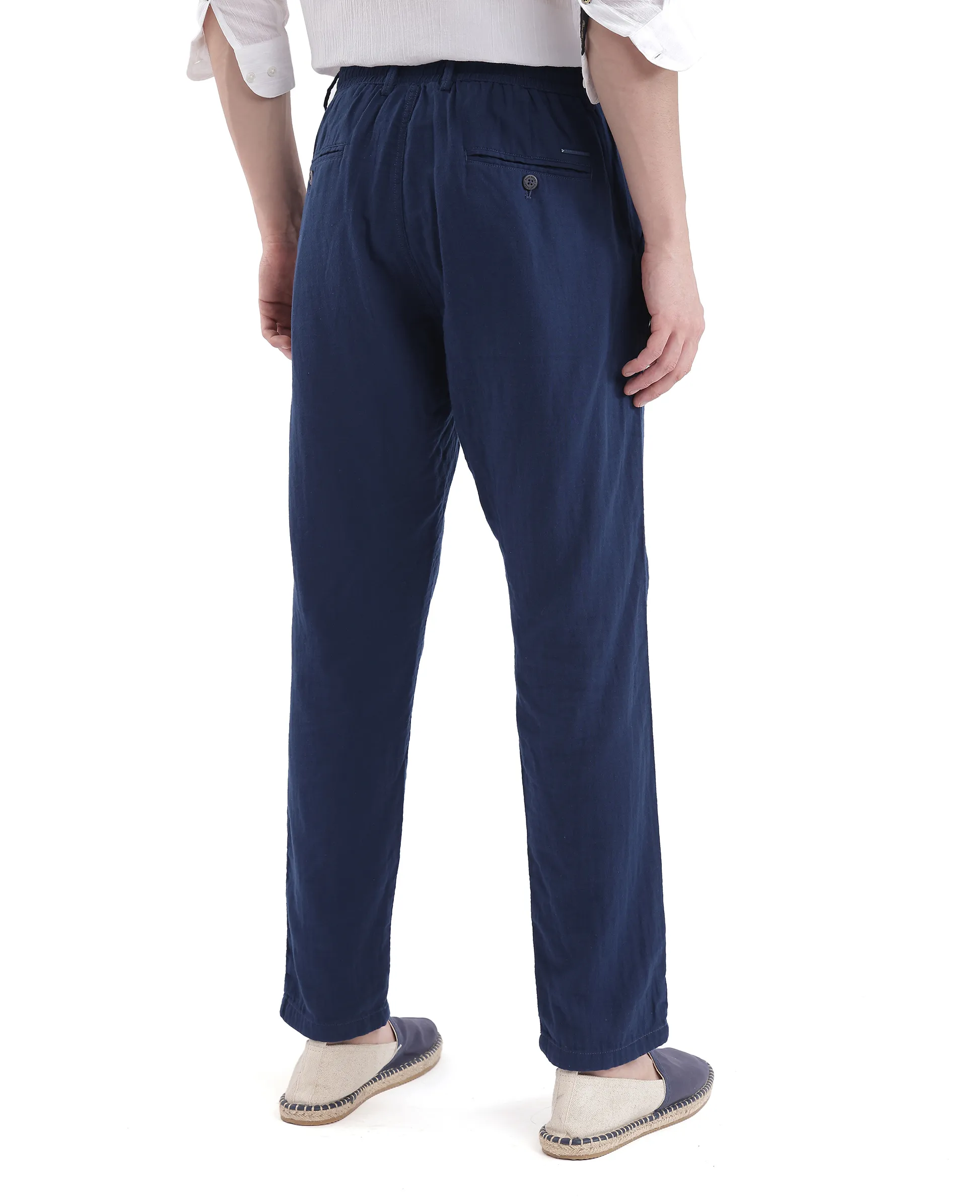 Rare Rabbit Men's Pastor-3 Navy Cotton Plain Regular Fit Trouser - Image 6