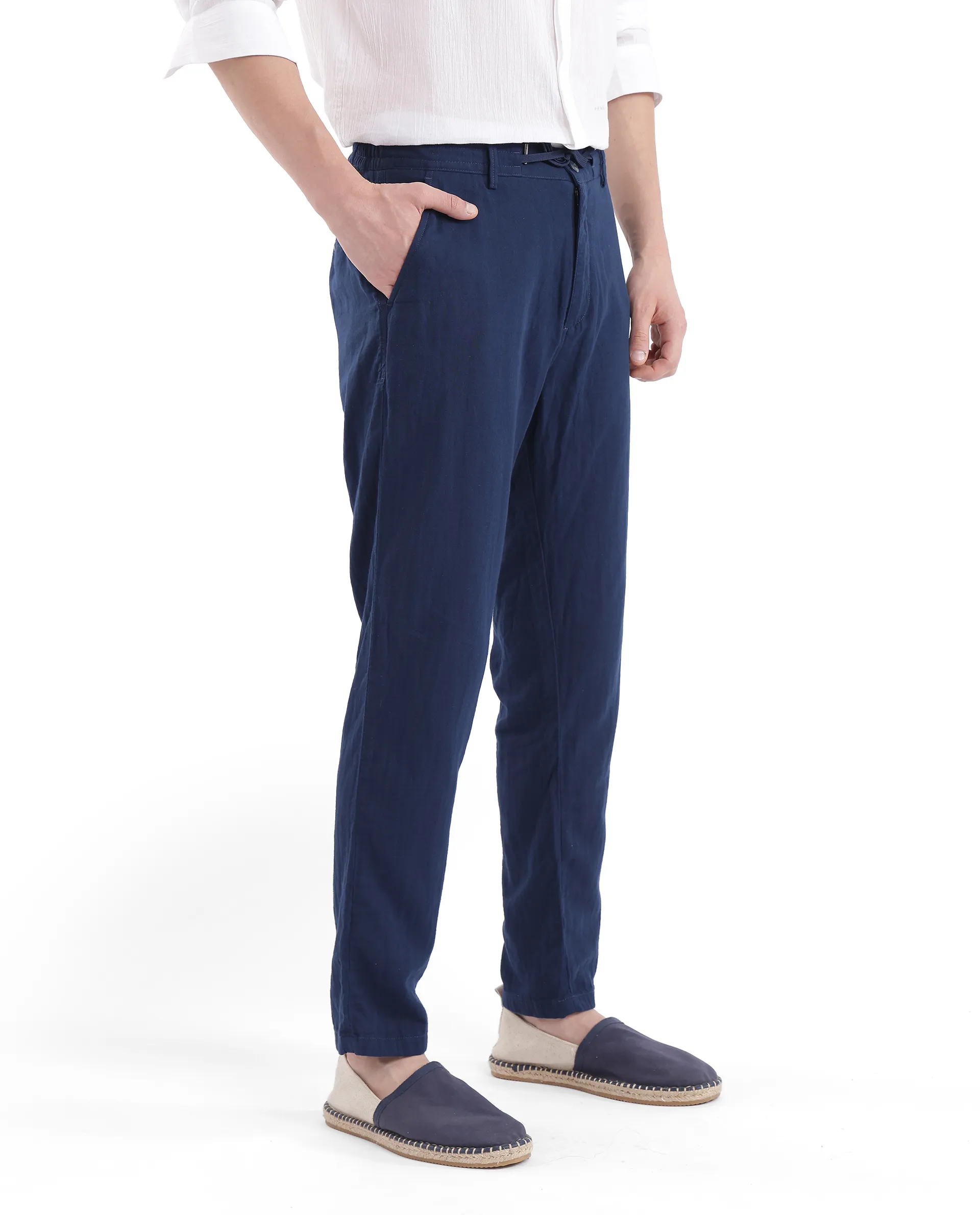 Rare Rabbit Men's Pastor-3 Navy Cotton Plain Regular Fit Trouser - Image 8