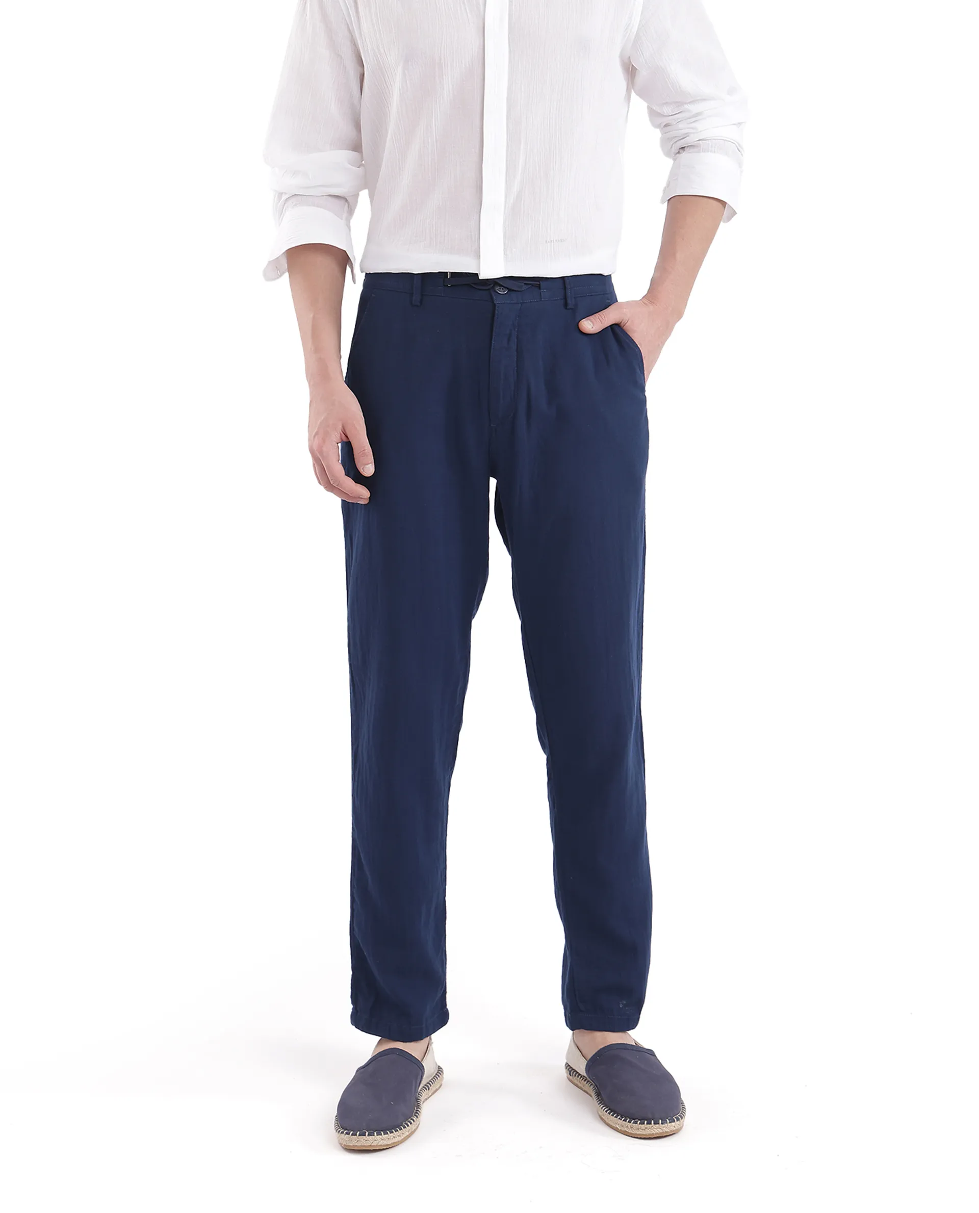 Rare Rabbit Men's Pastor-3 Navy Cotton Plain Regular Fit Trouser - Image 9