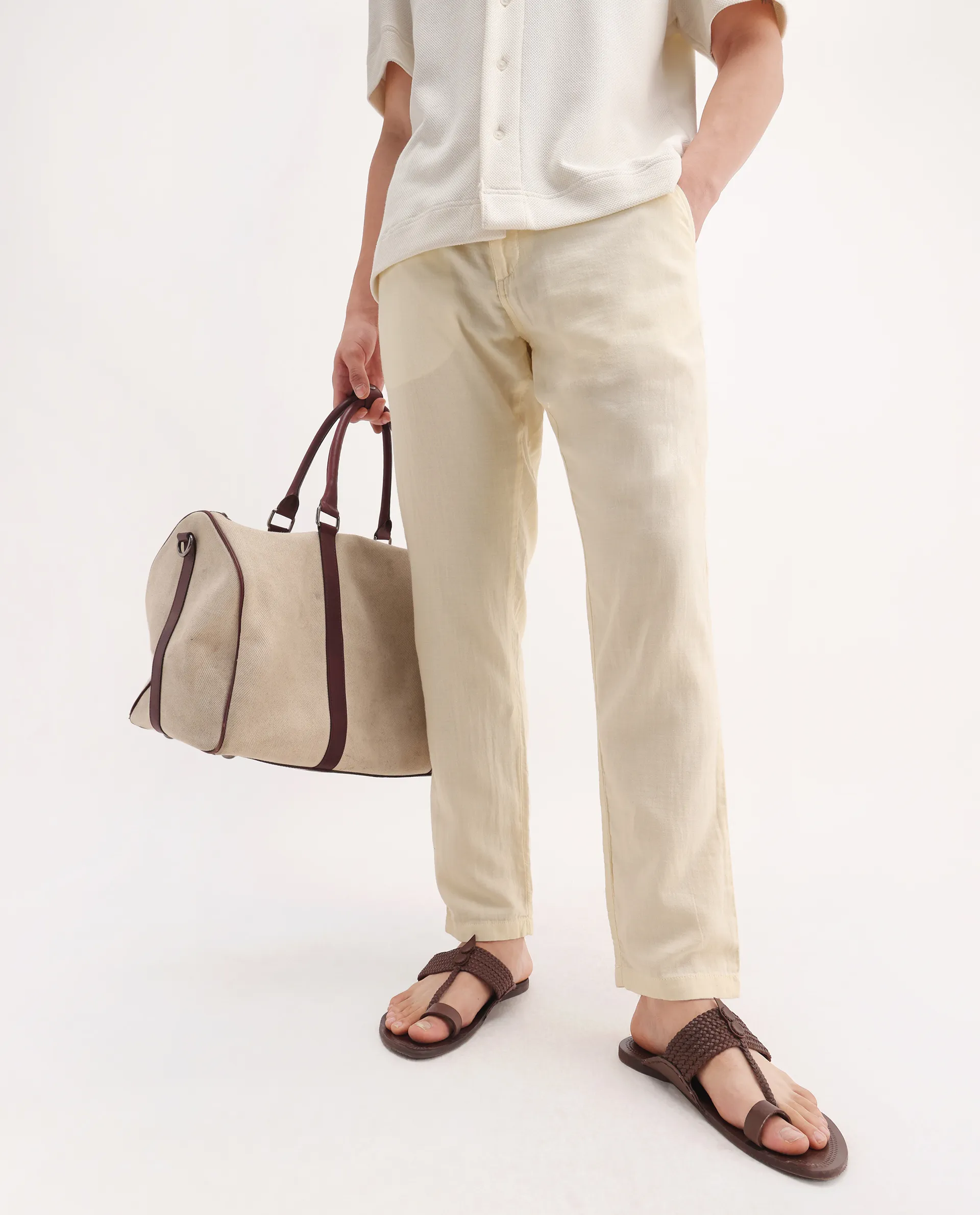 Rare Rabbit Men's Pastor-3 Off White Cotton Plain Regular Fit Trouser - Image 2