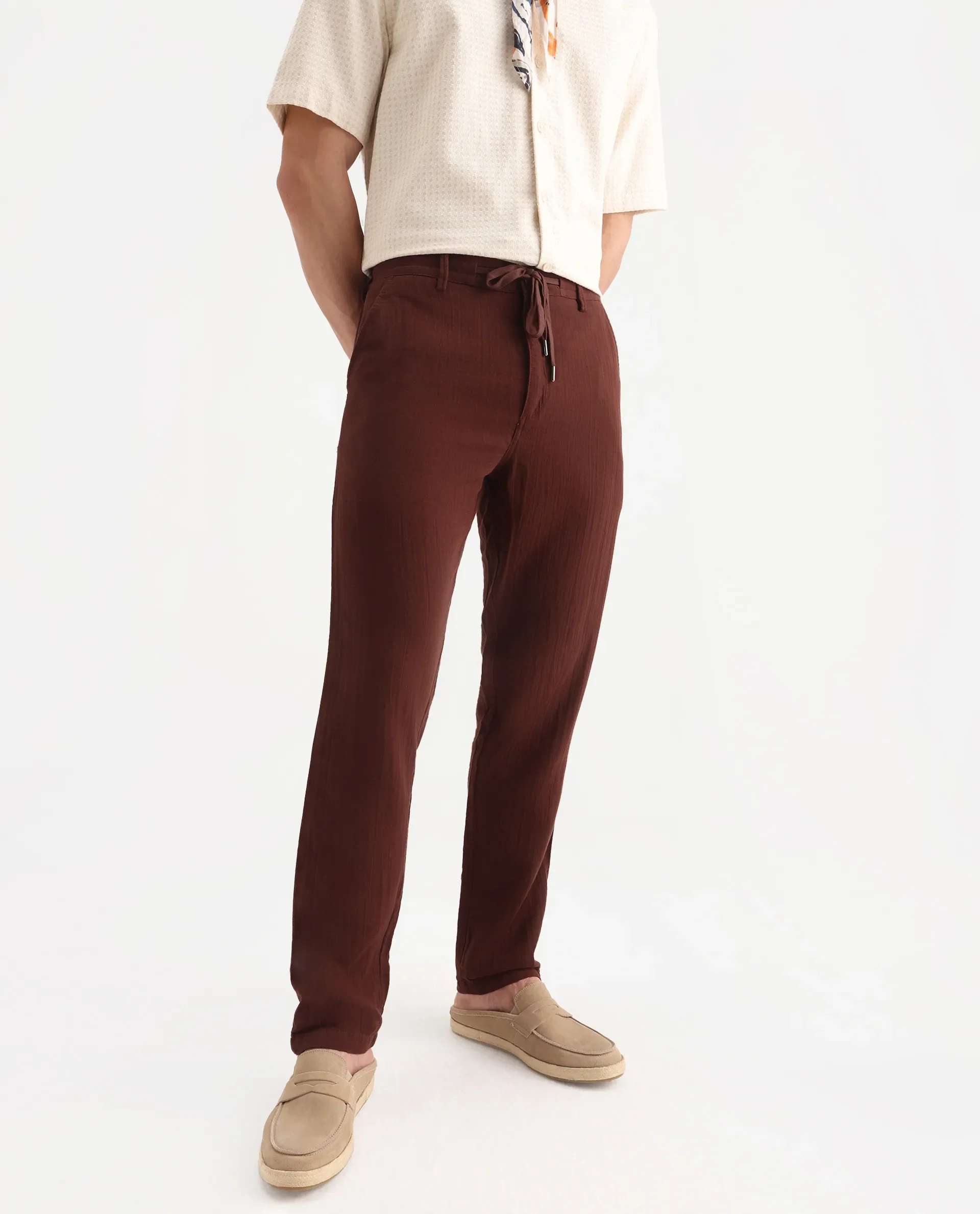Rare Rabbit Men's Pastor-3 Rust Cotton Plain Regular Fit Trouser - Image 2